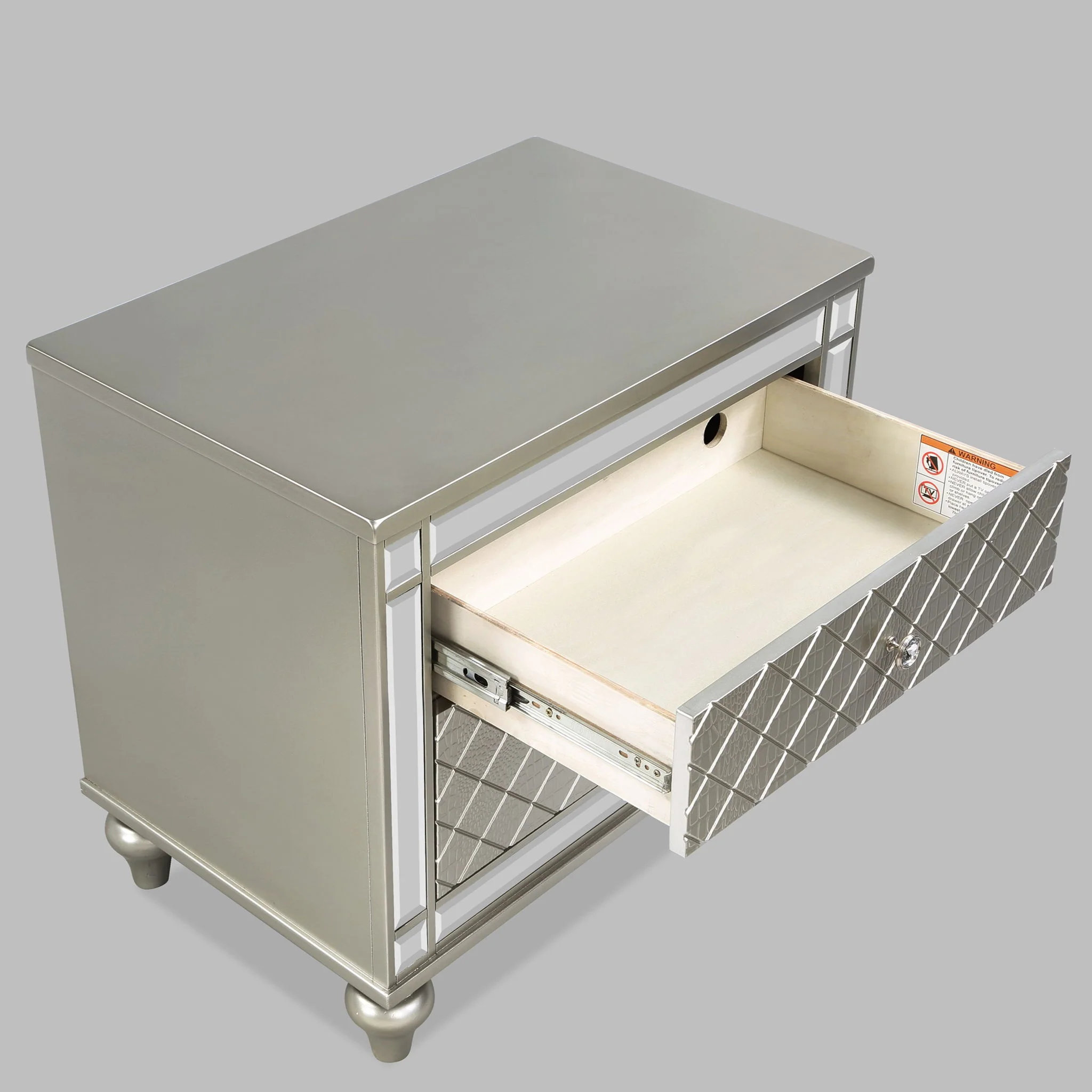 2 Drawer Nightstand With Diamond Patterned Fronts - Silver - Image 5