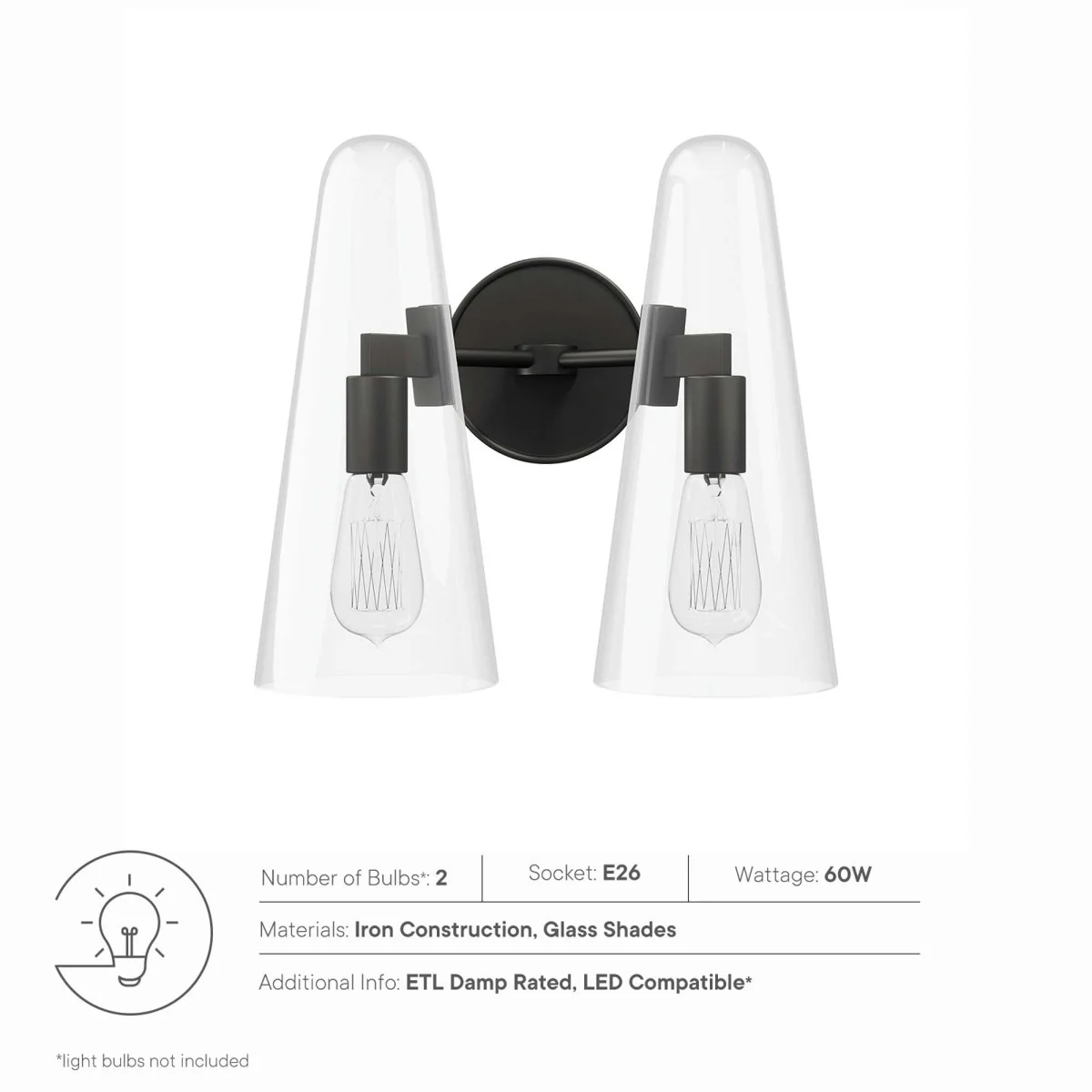2-Light Double Glass Cone Wall Sconce – Modern Indoor Vanity & Hallway Lighting Fixture - Image 12