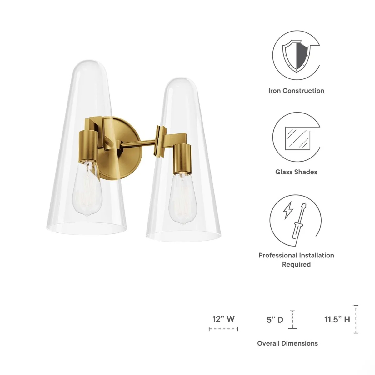 2-Light Double Glass Cone Wall Sconce – Modern Indoor Vanity & Hallway Lighting Fixture - Image 4