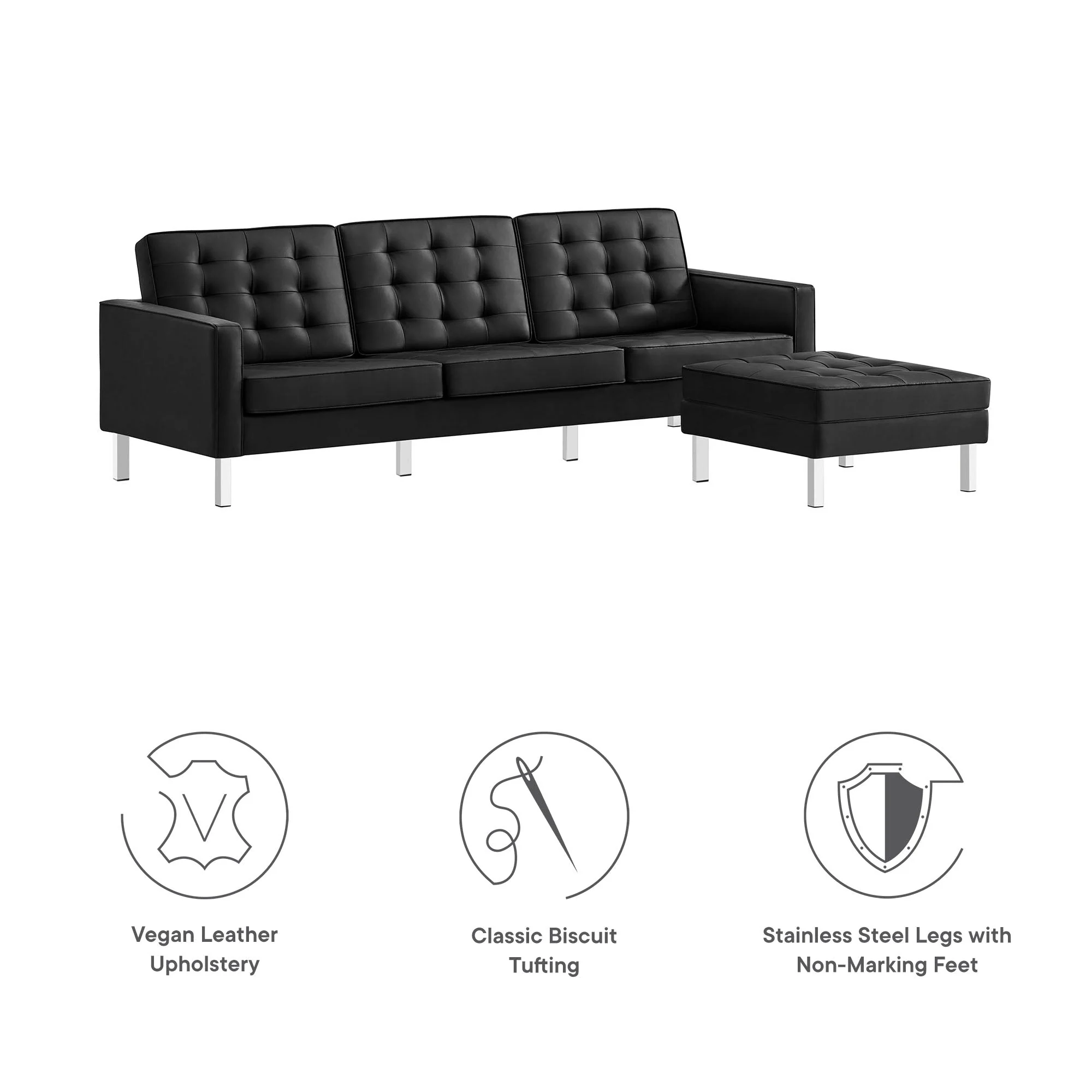 2 Piece 119" Tufted Vegan Leather Sofa and Ottoman Set - Image 2