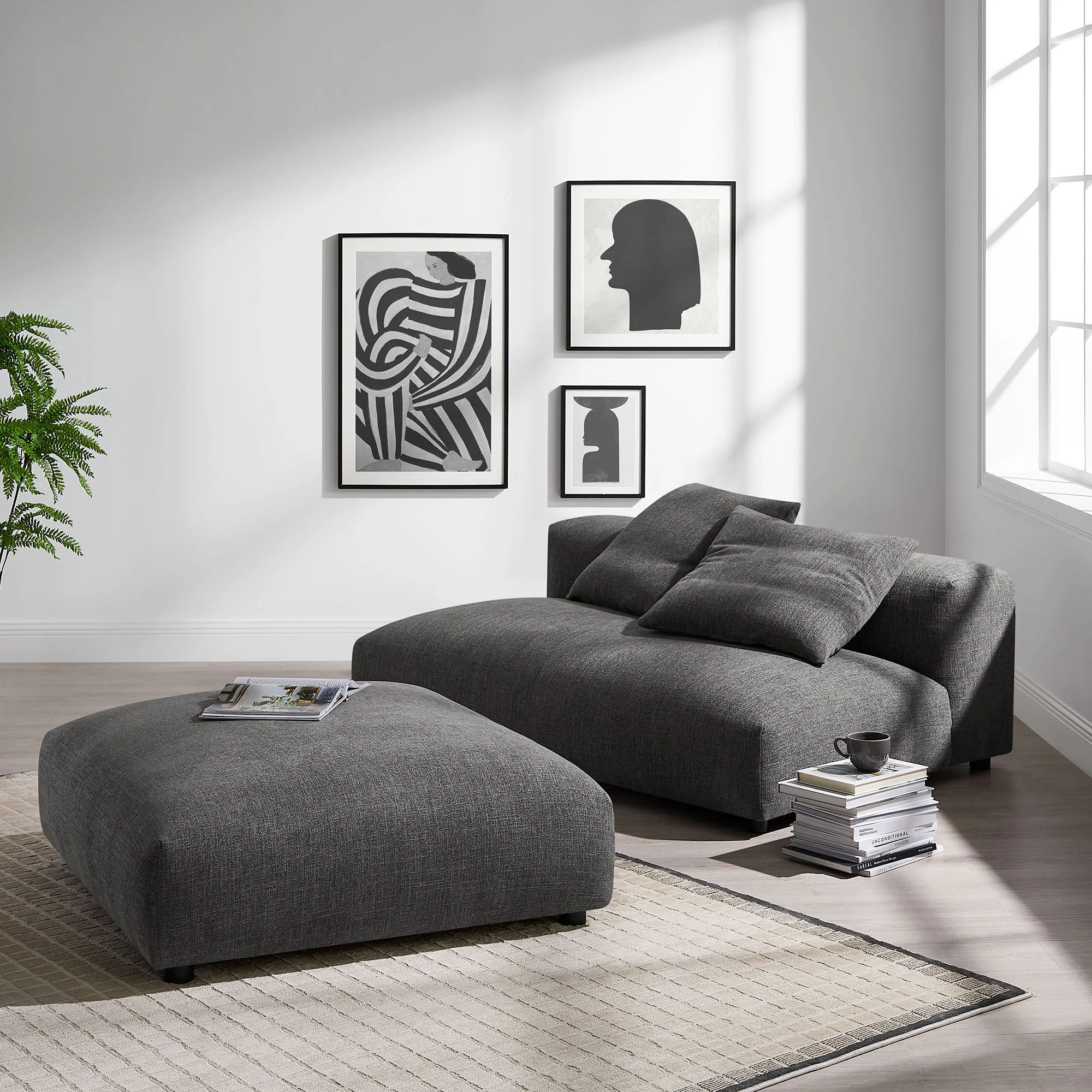 2 Piece 91" Modular Upholstered Fabric Armless Loveseat and Ottoman Set - Image 6