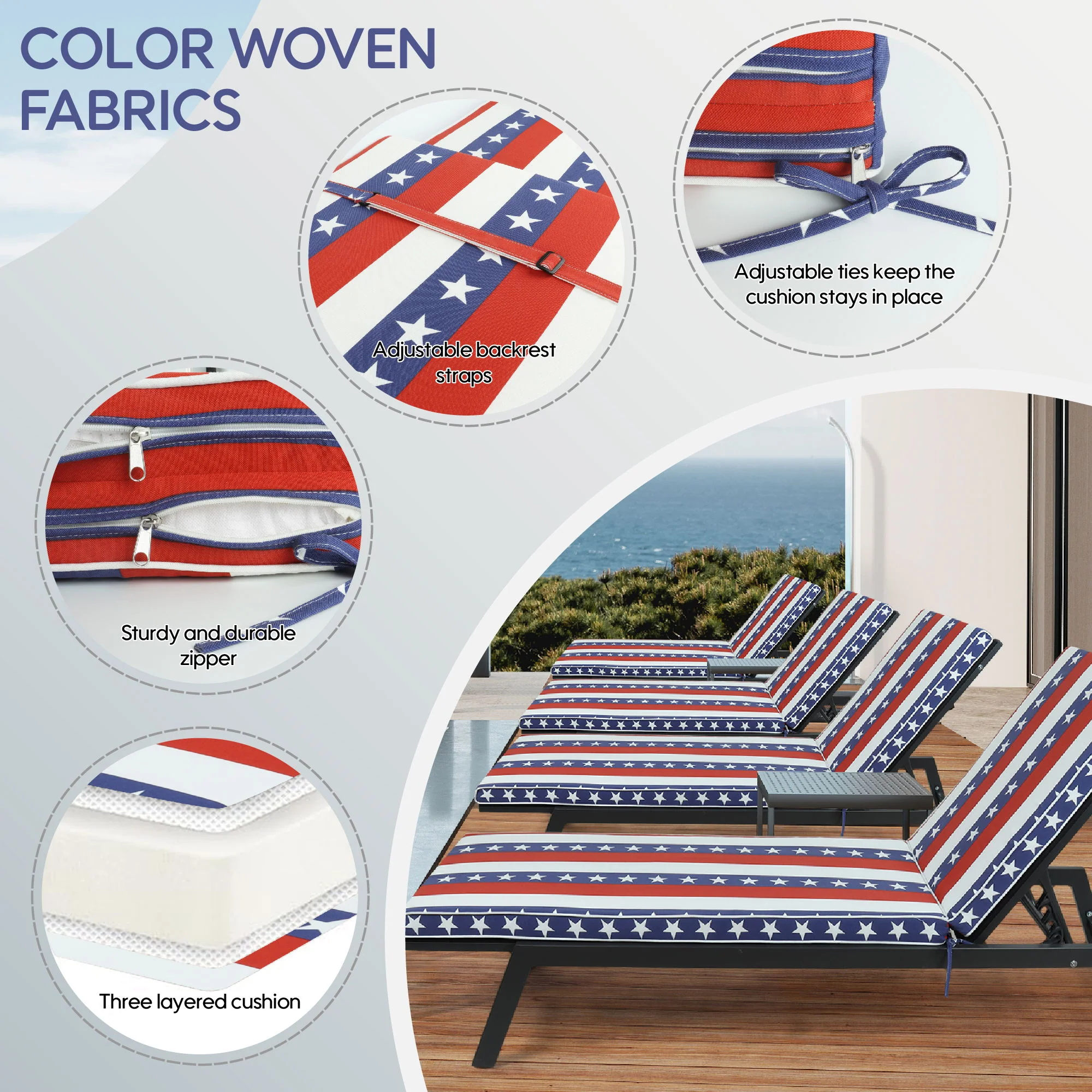 2 Piece Outdoor Chaise Lounge Cushion Set, Replacement Cushions For Patio Furniture, Flag - Red Striped - Image 5