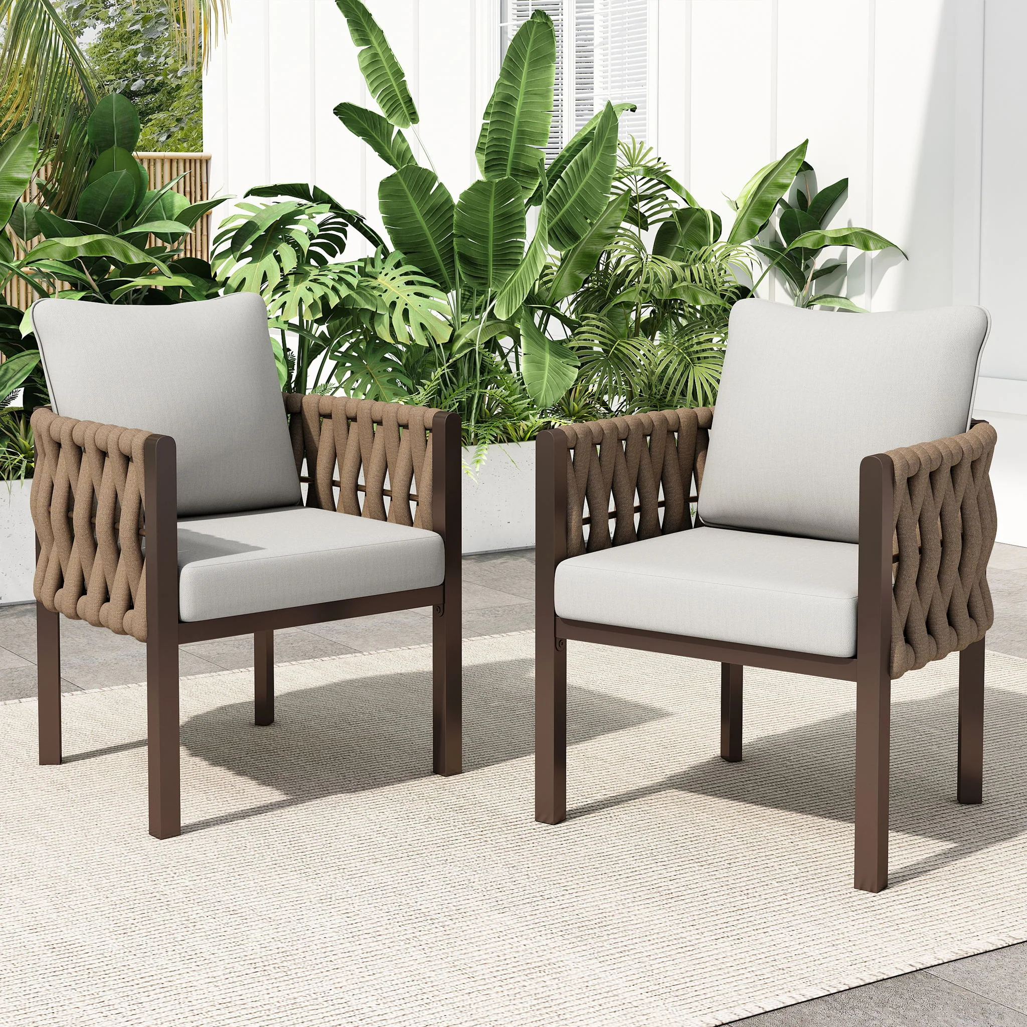 2 Pieces Outdoor Metal Patio Club Chair, Patio Furniture Arm Chair With Cushion, Modern Outdoor Furniture Deep Seating For Porch, Garden, Backyard, Balcony - Brown / Light Gray - Image 8