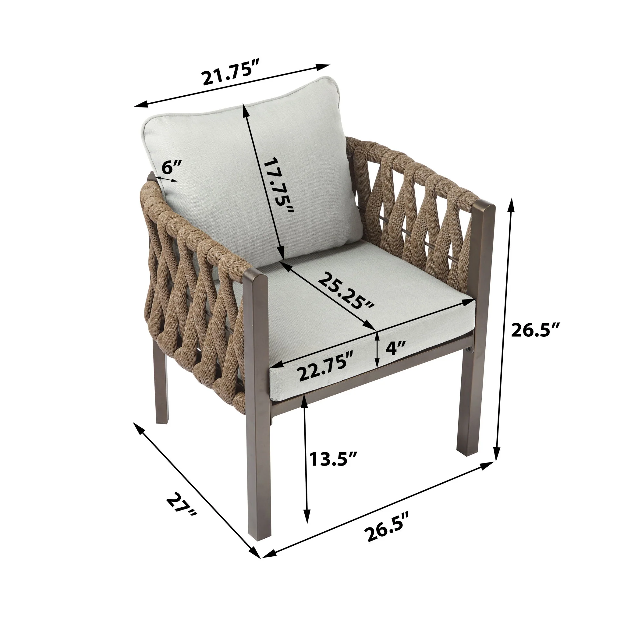 2 Pieces Outdoor Metal Patio Club Chair, Patio Furniture Arm Chair With Cushion, Modern Outdoor Furniture Deep Seating For Porch, Garden, Backyard, Balcony - Brown / Light Gray - Image 9