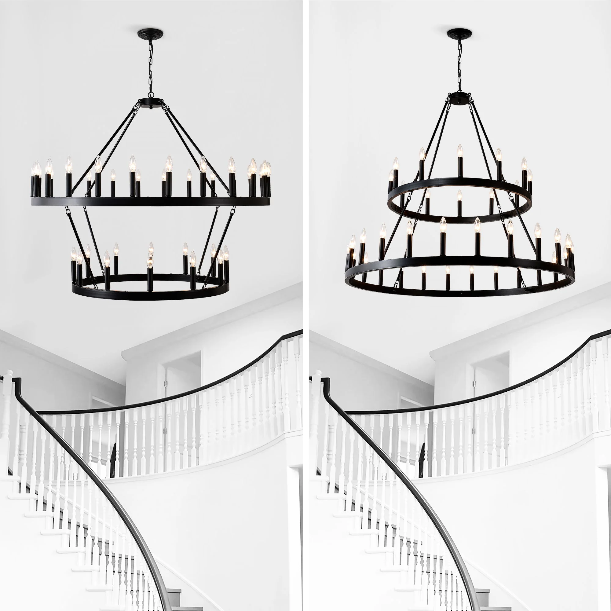 2 Tiers Wagon Wheel Chandelier Wooden Farmhouse 36 Light (24 / 12) Or (12 / 24) Metal Chandeliers 2 Story Light Fixtures Industrial For High Ceiling Living Dining Room Foyer, Adjustable Height - Black - Image 3