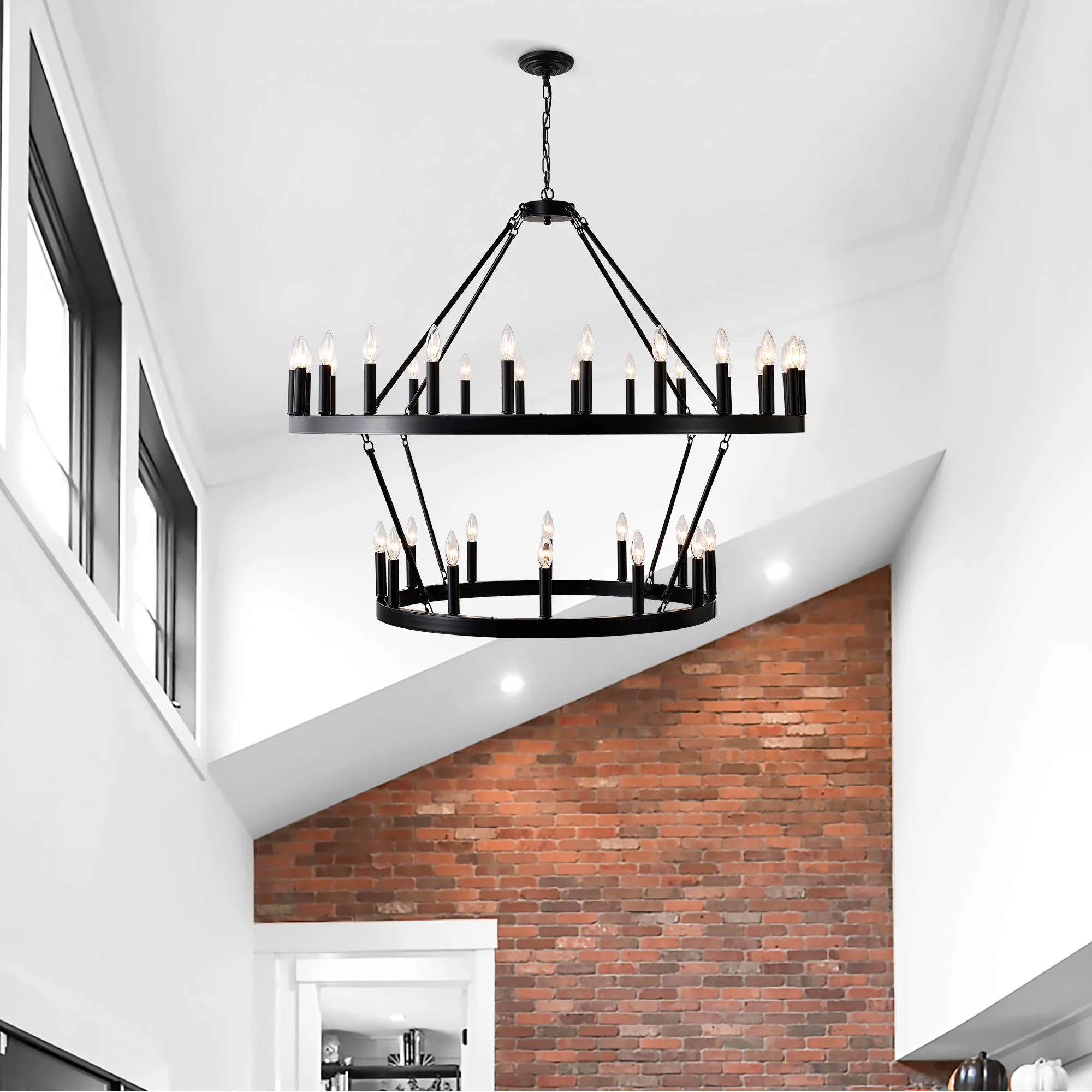 2 Tiers Wagon Wheel Chandelier Wooden Farmhouse 36 Light (24 / 12) Or (12 / 24) Metal Chandeliers 2 Story Light Fixtures Industrial For High Ceiling Living Dining Room Foyer, Adjustable Height - Black - Image 4