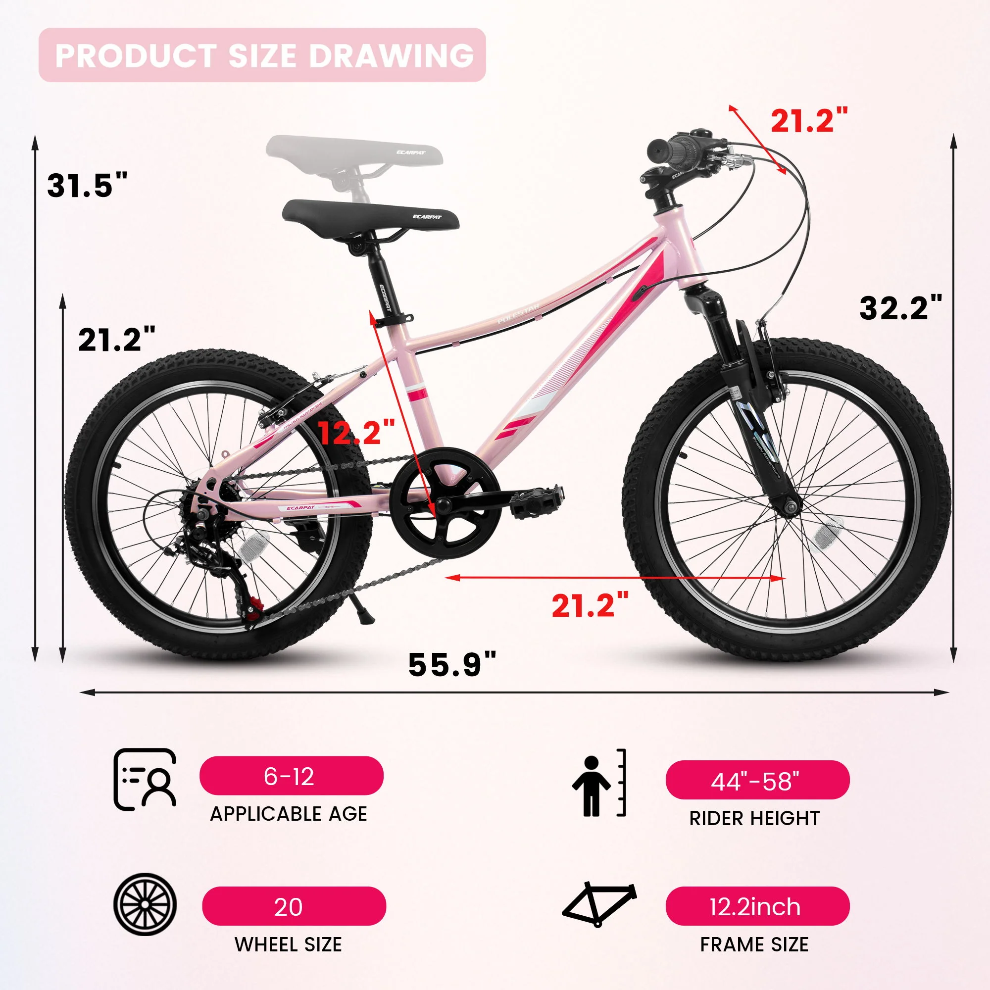 20" Children's Bicycle Shock Absorbing Front Fork 7 Speed V Brakes Mountain Tire Boys And Girls Kids Bike For Outdoor Adventure - Pink - Image 3