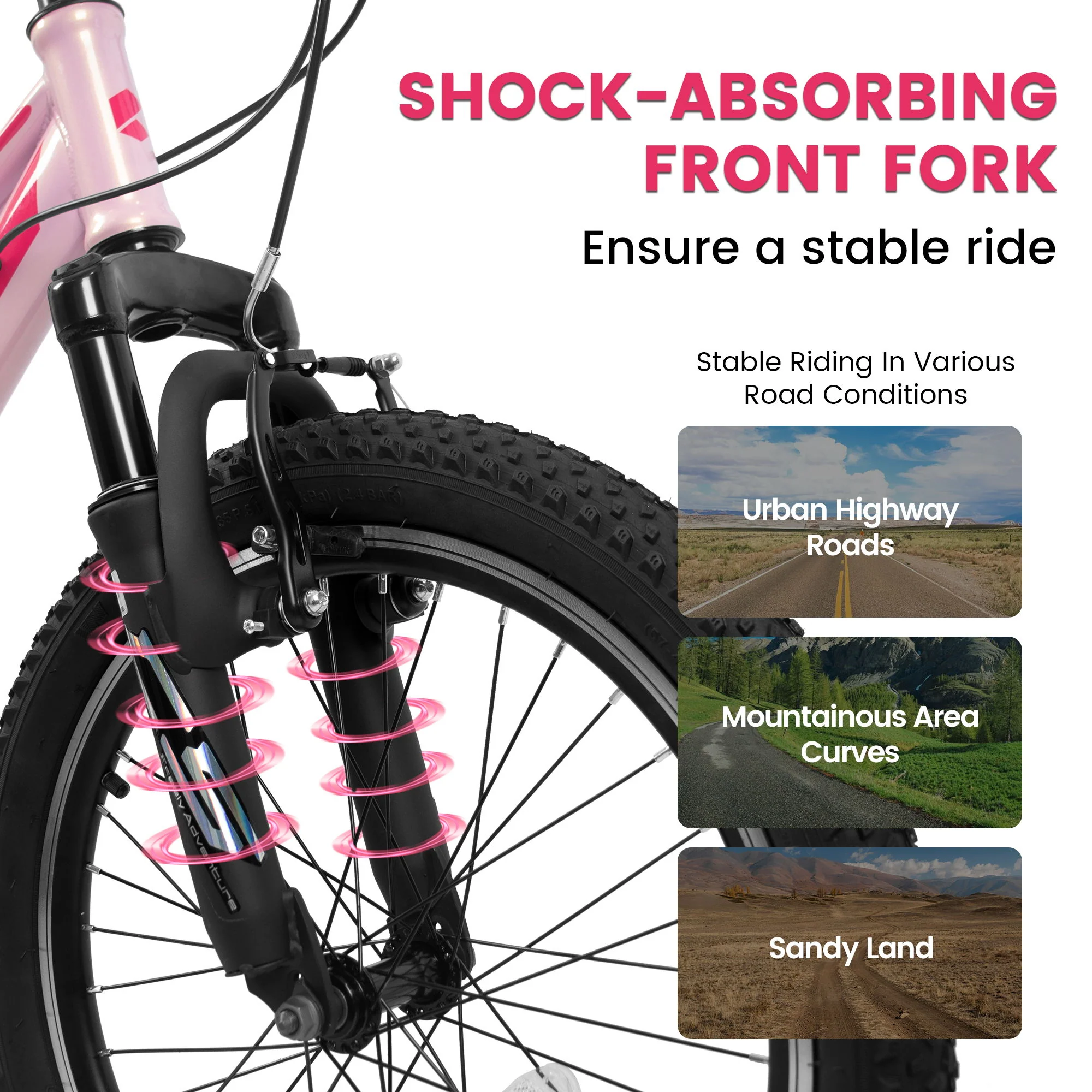 20" Children's Bicycle Shock Absorbing Front Fork 7 Speed V Brakes Mountain Tire Boys And Girls Kids Bike For Outdoor Adventure - Pink - Image 5