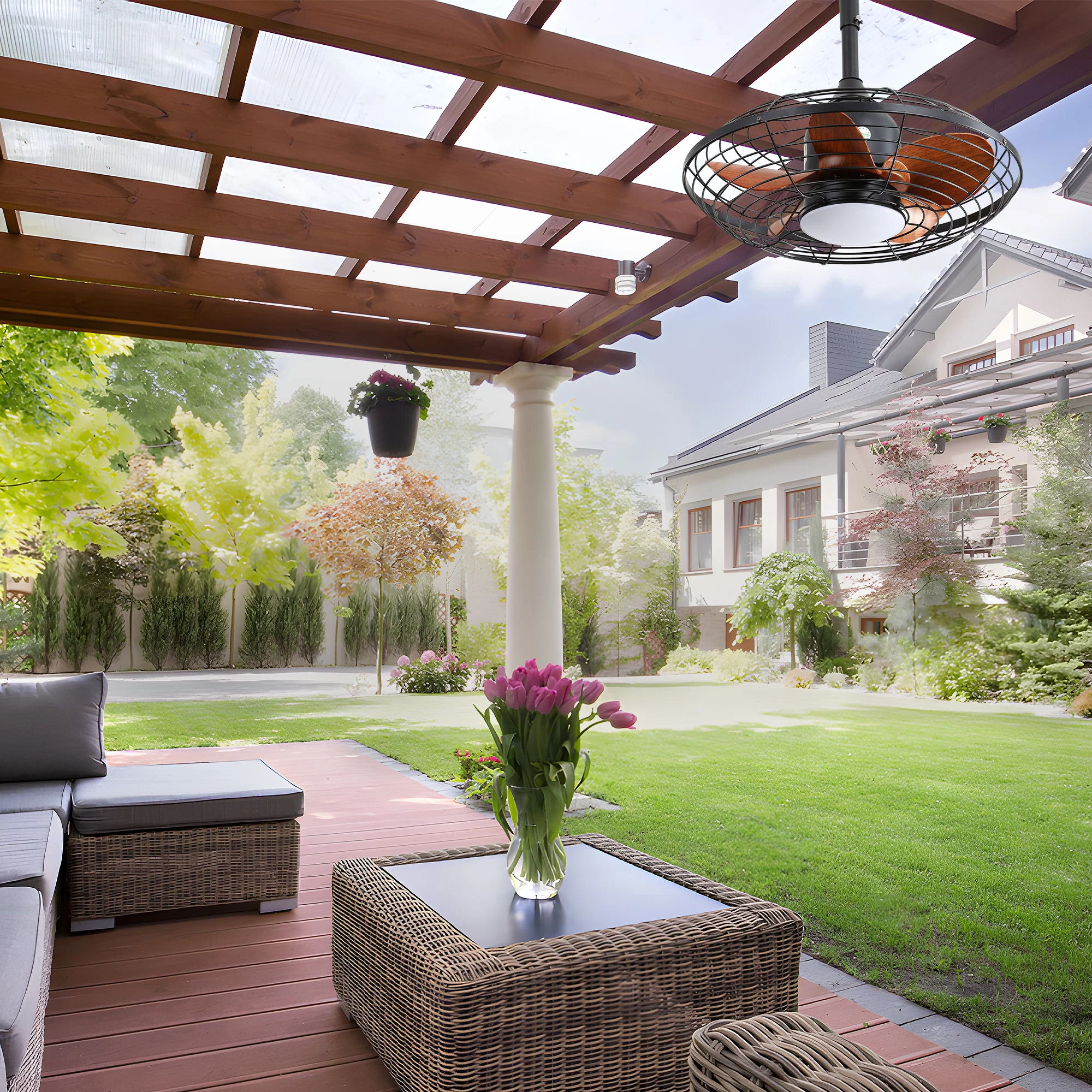 20" Downrod Mount Ceiling Fan LED 18W 3 Cct 5 ABS Blades DC Motor With Hanging And Hook For Outside Patios Pergola - Black - Image 9