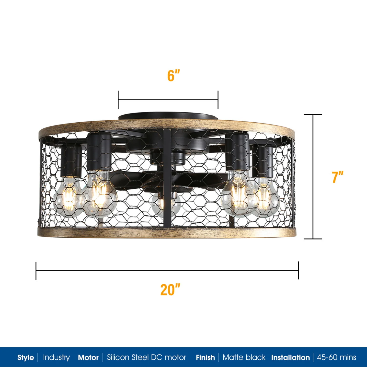 20" Industrial Caged Ceiling Fan, With 7 - ABS Blades Remote Control Reversible DC Motor, Small Flush Mount Ceiling Fan For Farmhouse - Black - Image 7