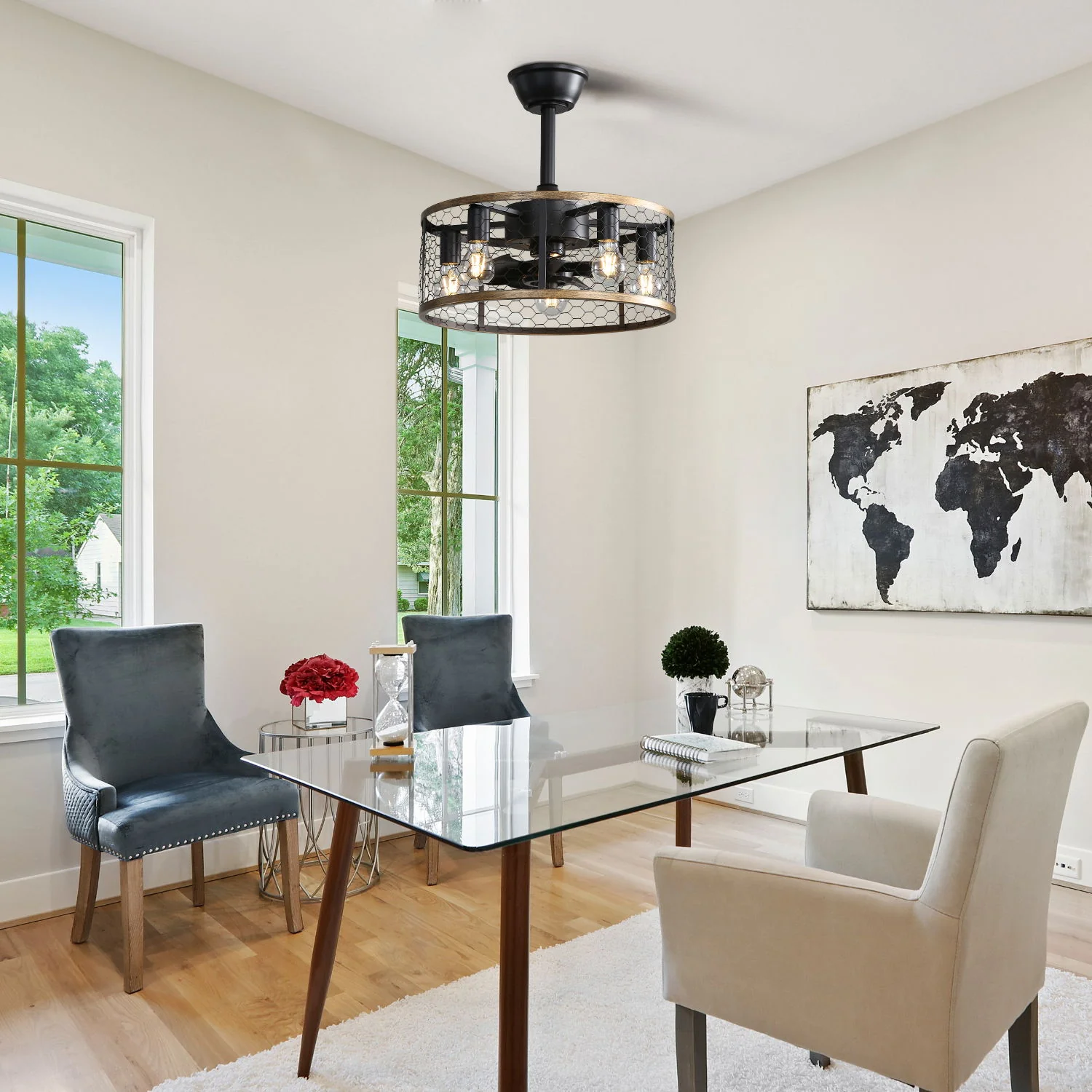 20" Industrial Caged Ceiling Fan With 7 - ABS Blades Remote Control, Small Ceiling Fan Reversible DC Motor - Black - Image 3