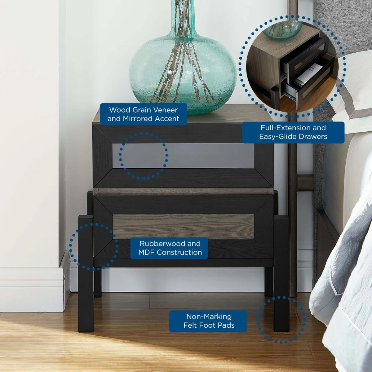 22" Modern Wood Grain 2 Drawer Nightstand - Image 3