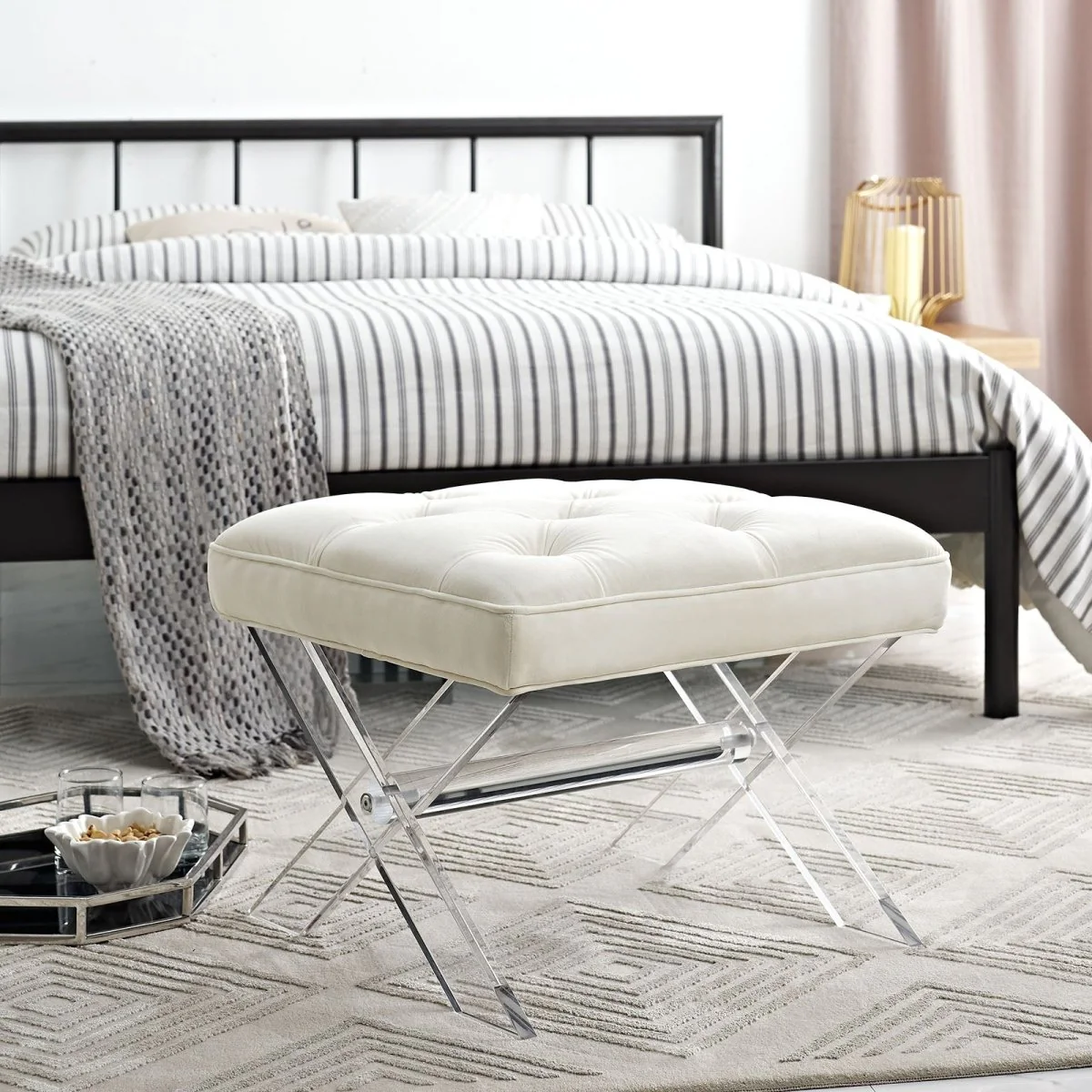 23 Inch Elegant Tufted Velvet Ottoman Bench in Ivory - Image 2