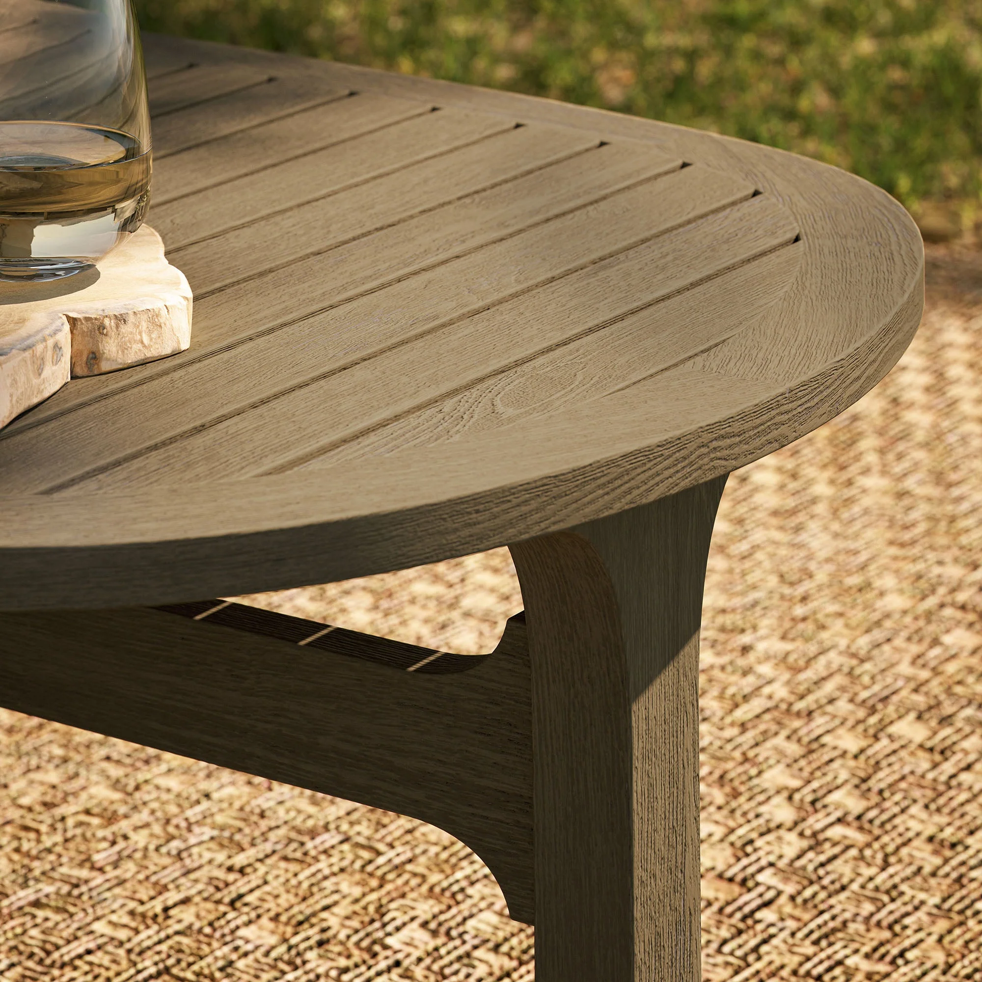 50" Weathered Gray Teak Wood Oval Outdoor Patio Coffee Table - Image 4
