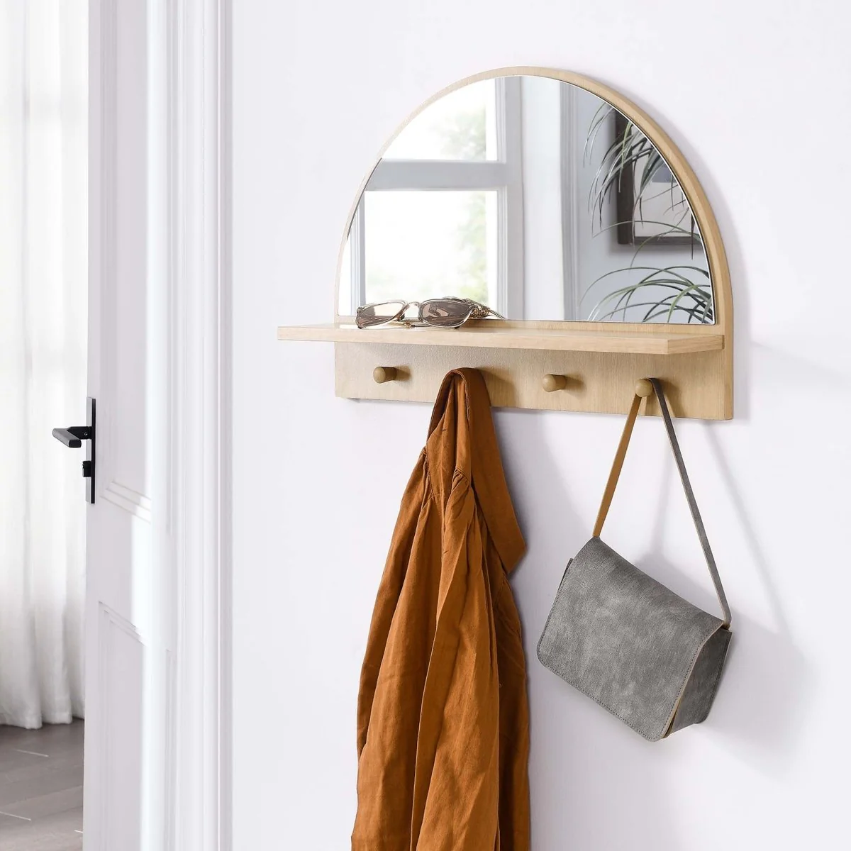 23x15" Arched Wall Mirror with Shelf and Pegs - Wall-Mounted Mirror with Shelf and Coat Pegs - Image 10