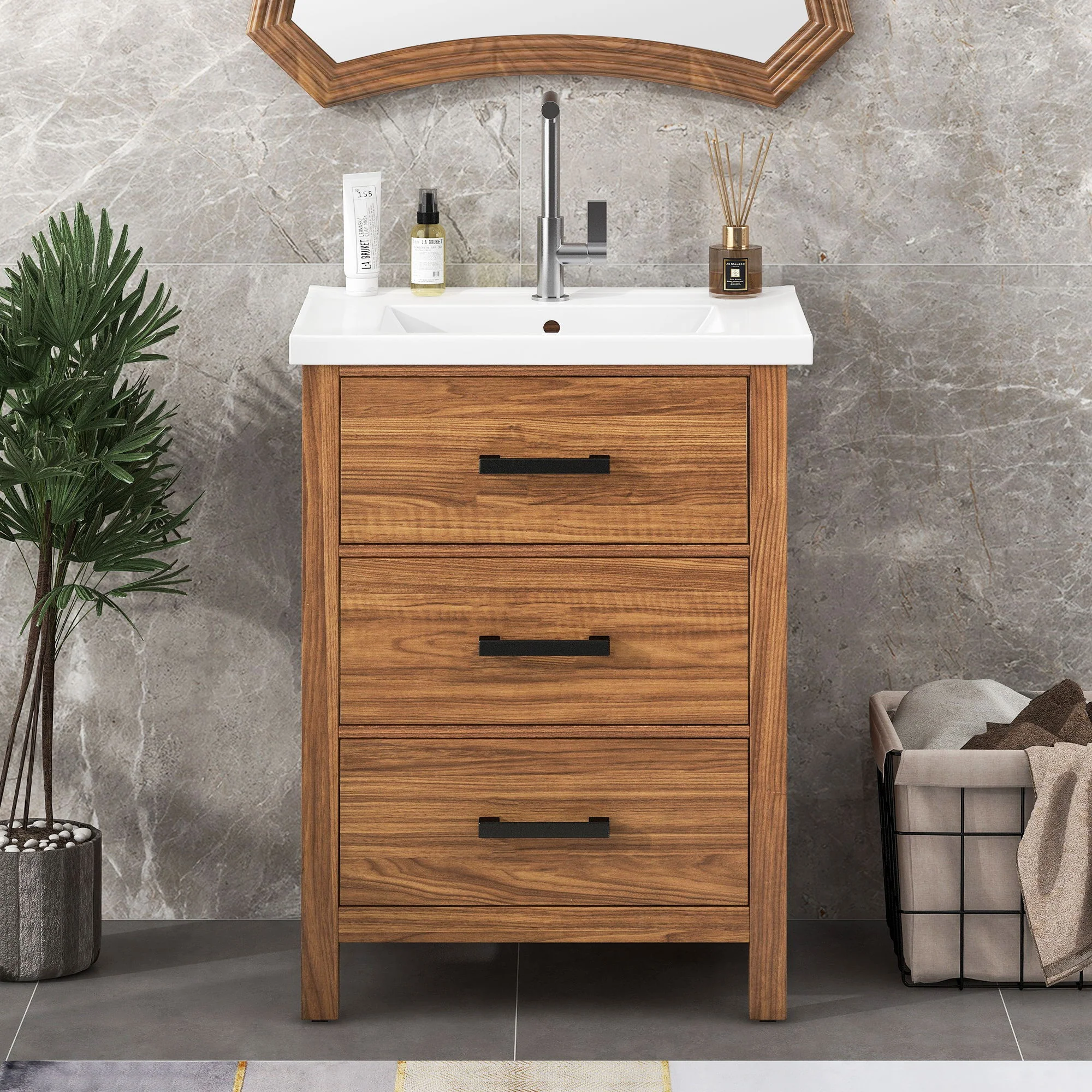 24'' Bathroom Vanity With Basin Sink, 3 Drawer Storage Cabinet - Natural Wood - Image 4