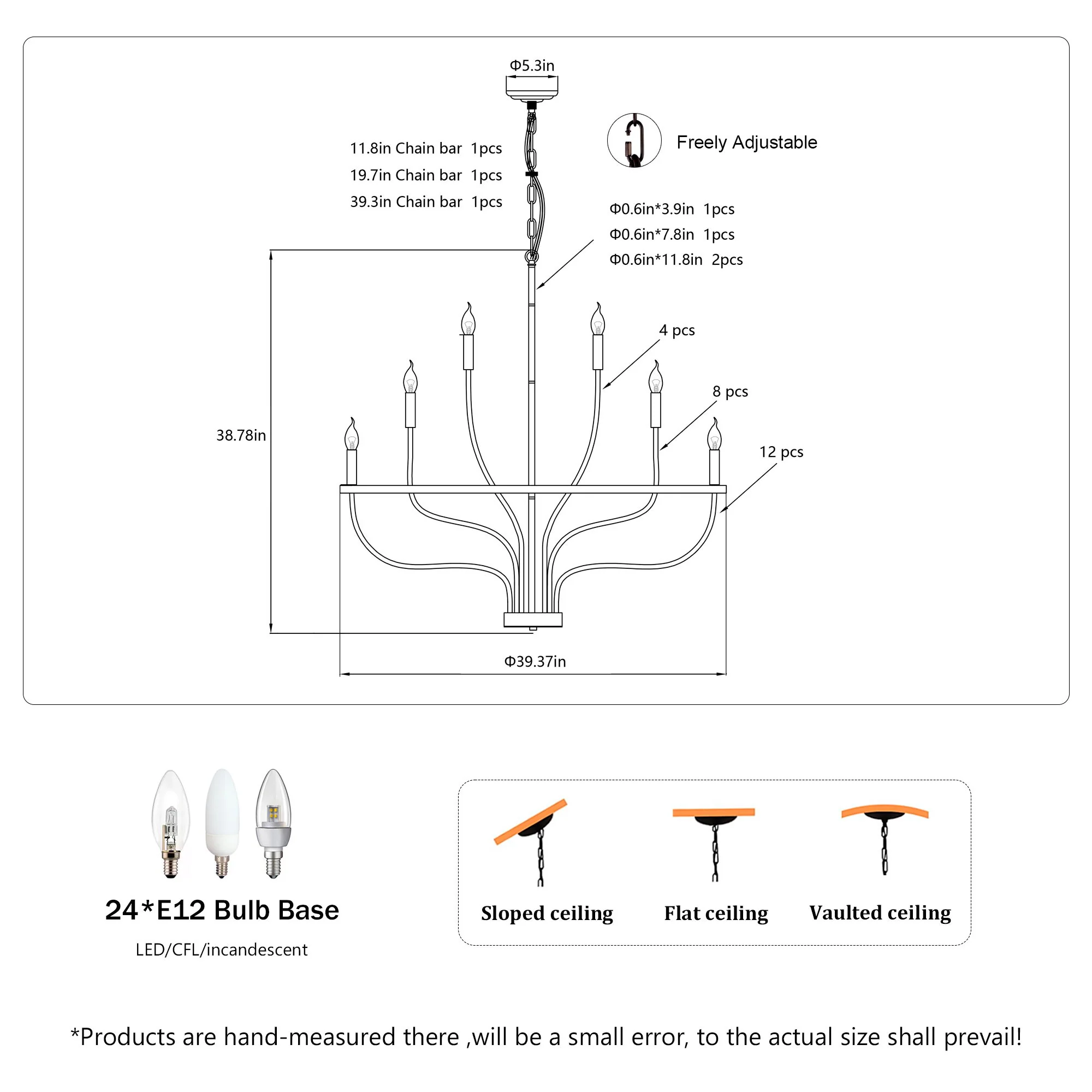 24 Light Chandelier Industrial Iron Candle Chandelier Modern Suspended Farmhouse Chandeliers Pendant Light Fixtures For Dining Room Bedroom Living Room Kitchen Island Foyer E12 Bulb (No Include) - Black - Image 4