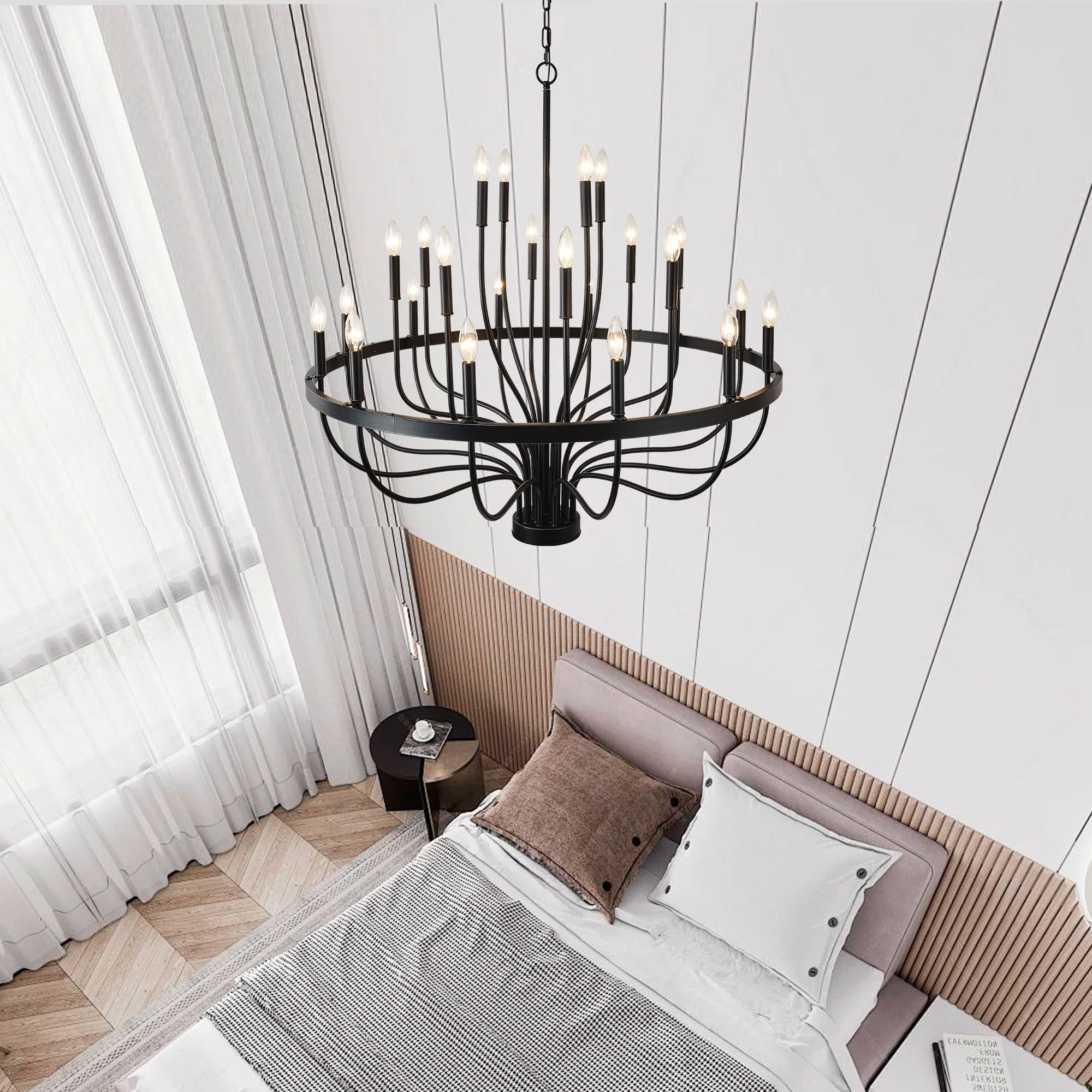24 Light Chandelier Industrial Iron Candle Chandelier Modern Suspended Farmhouse Chandeliers Pendant Light Fixtures For Dining Room Bedroom Living Room Kitchen Island Foyer E12 Bulb (No Include) - Black - Image 5