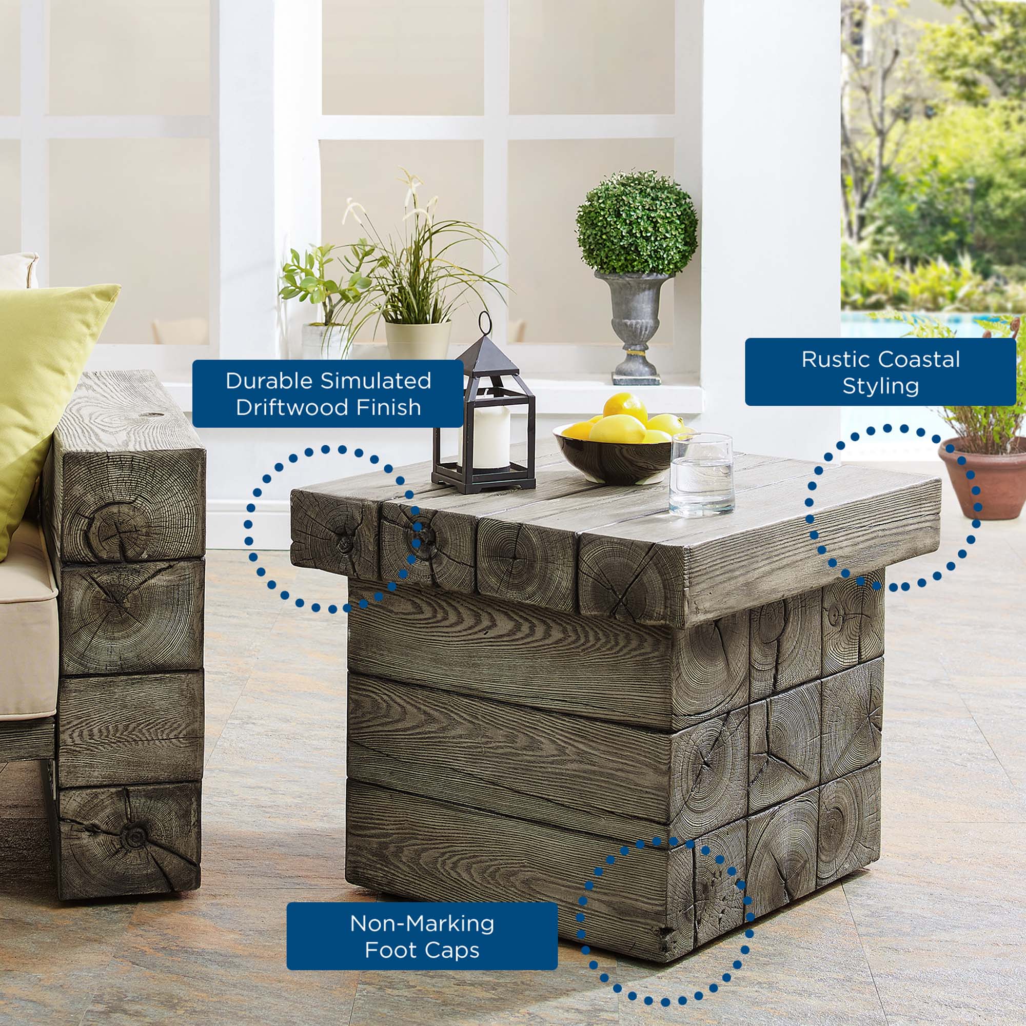 24" Light Gray Rustic Driftwood Outdoor Patio Side Table - Image 3