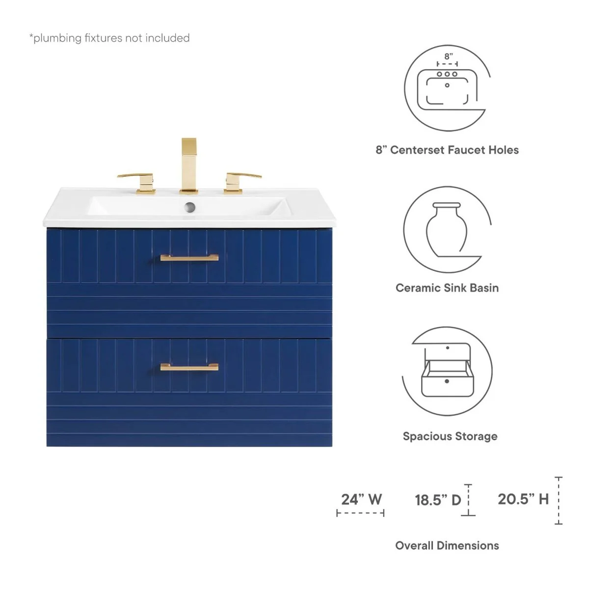 24" Modern Wall-Mount Bathroom Vanity with Sink – Compact Floating Single-Basin Vanity with Drawer Storage - Image 29