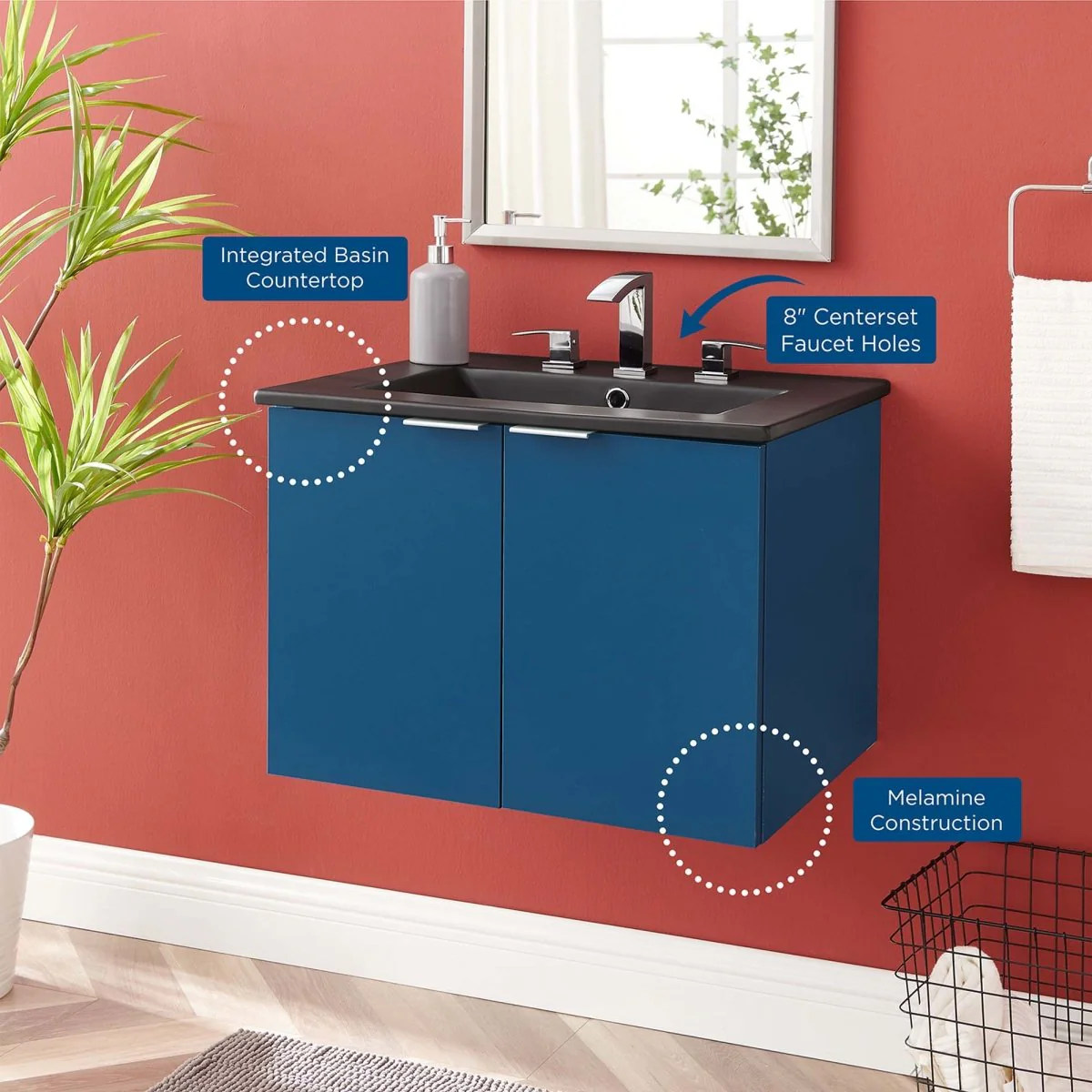 24" Modern Wall-Mount Bathroom Vanity with Sink — Floating Vanity Cabinet Basin - Image 50