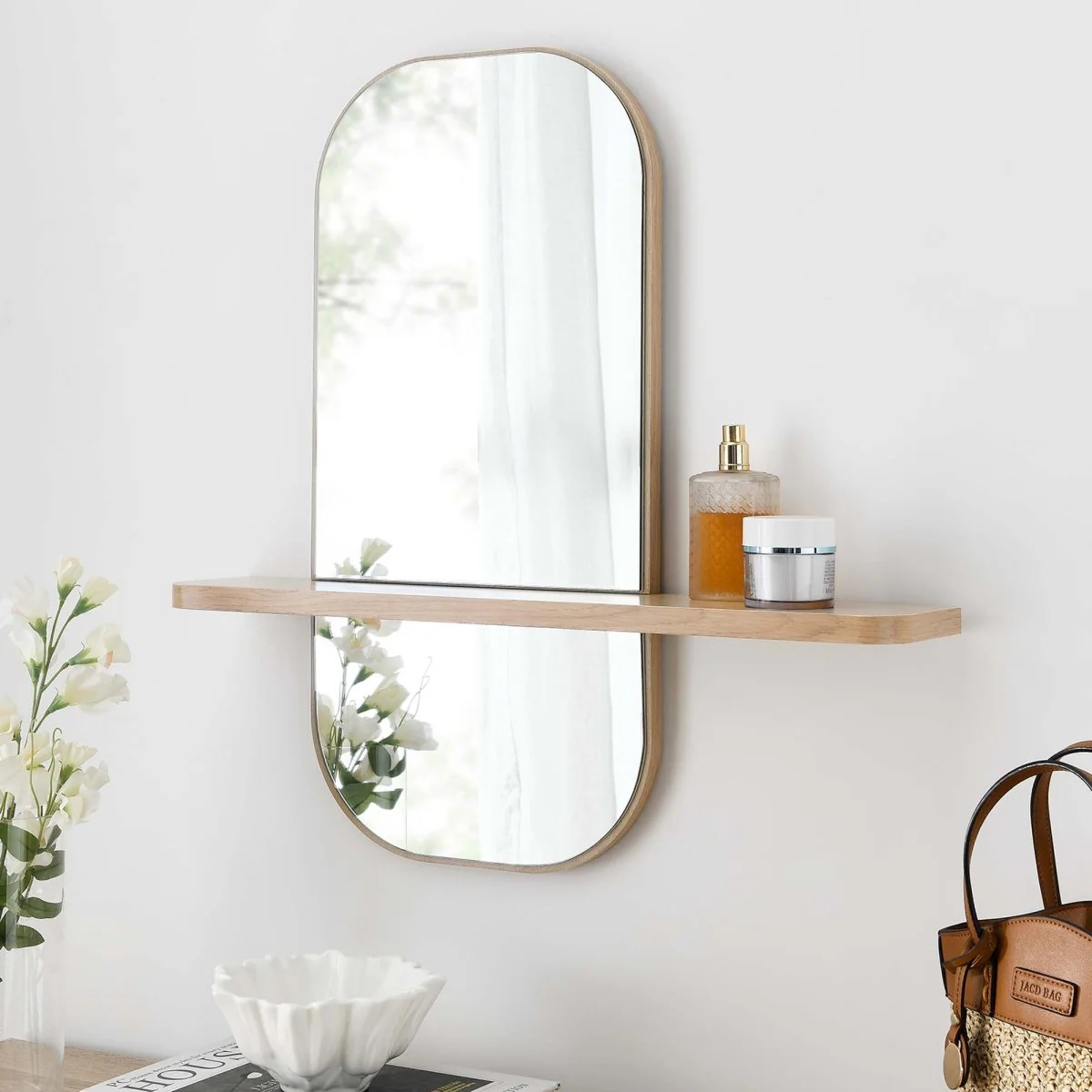 24" Rectangular Wall Mirror with Shelf — Wall-Mounted Framed Mirror for Entryway - Image 10