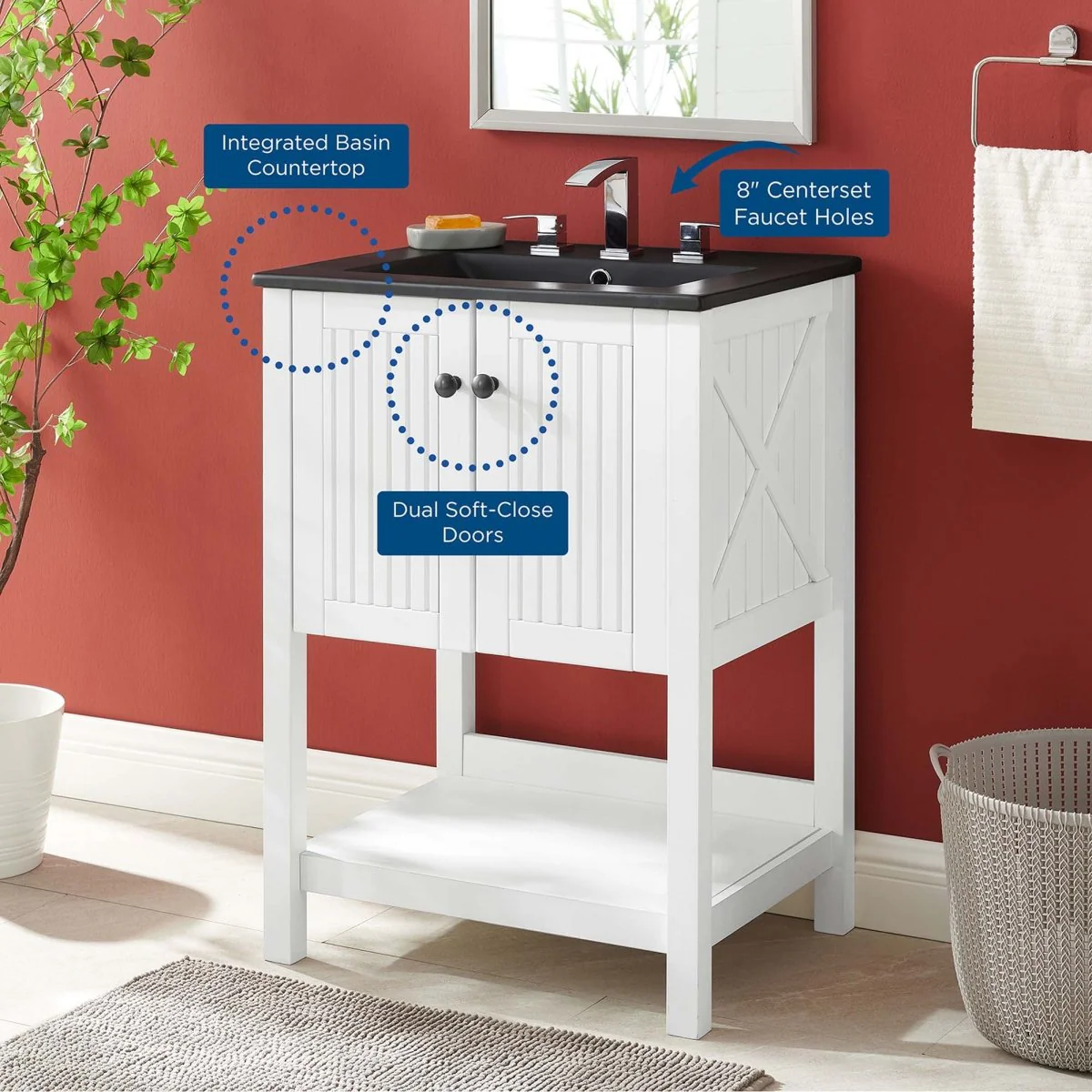 24" Rustic Modern Bathroom Vanity with Open Shelf – Contemporary Farmhouse Bathroom Furniture - Image 24