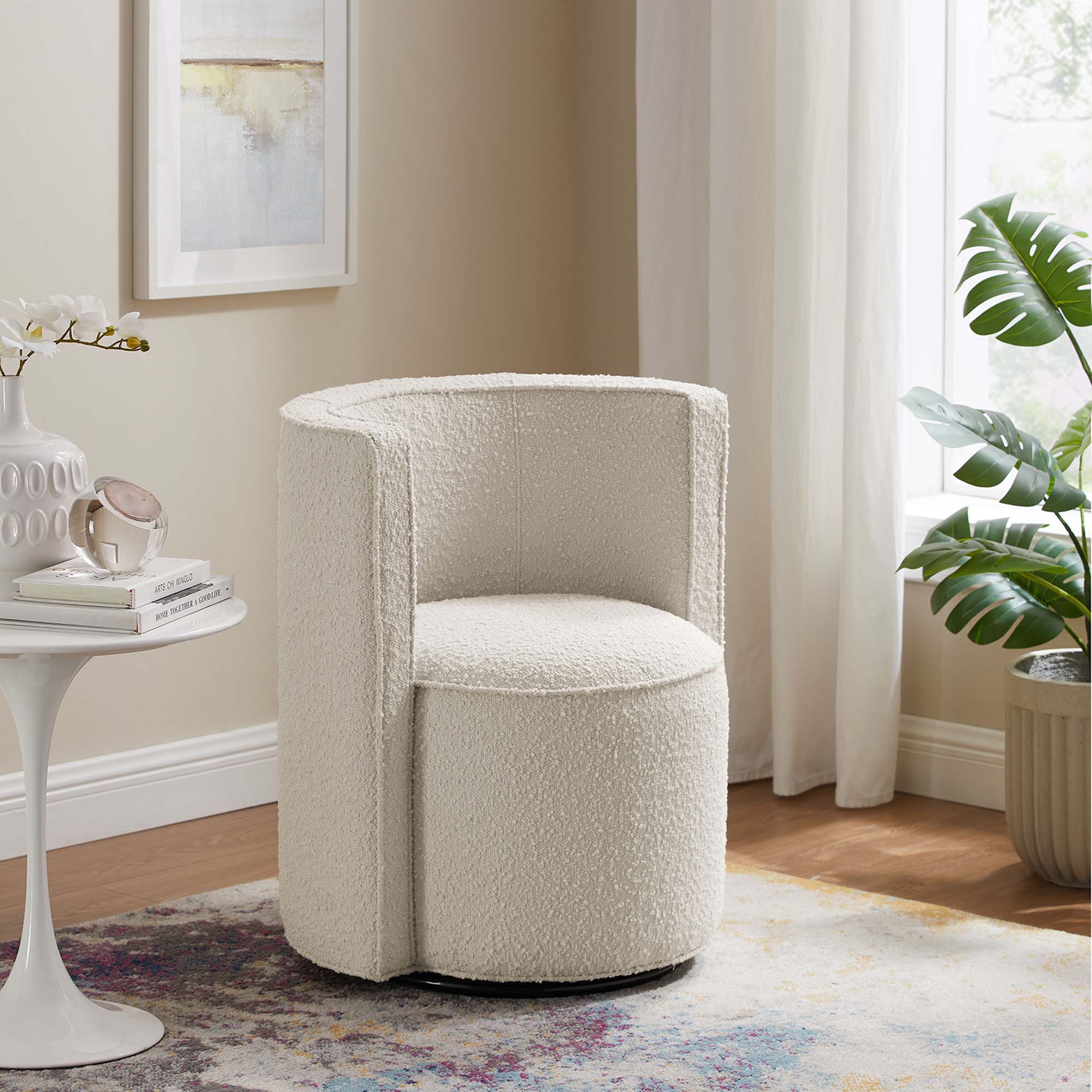 25 Inch Boucle Fabric Swivel Chair in Ivory - Image 7