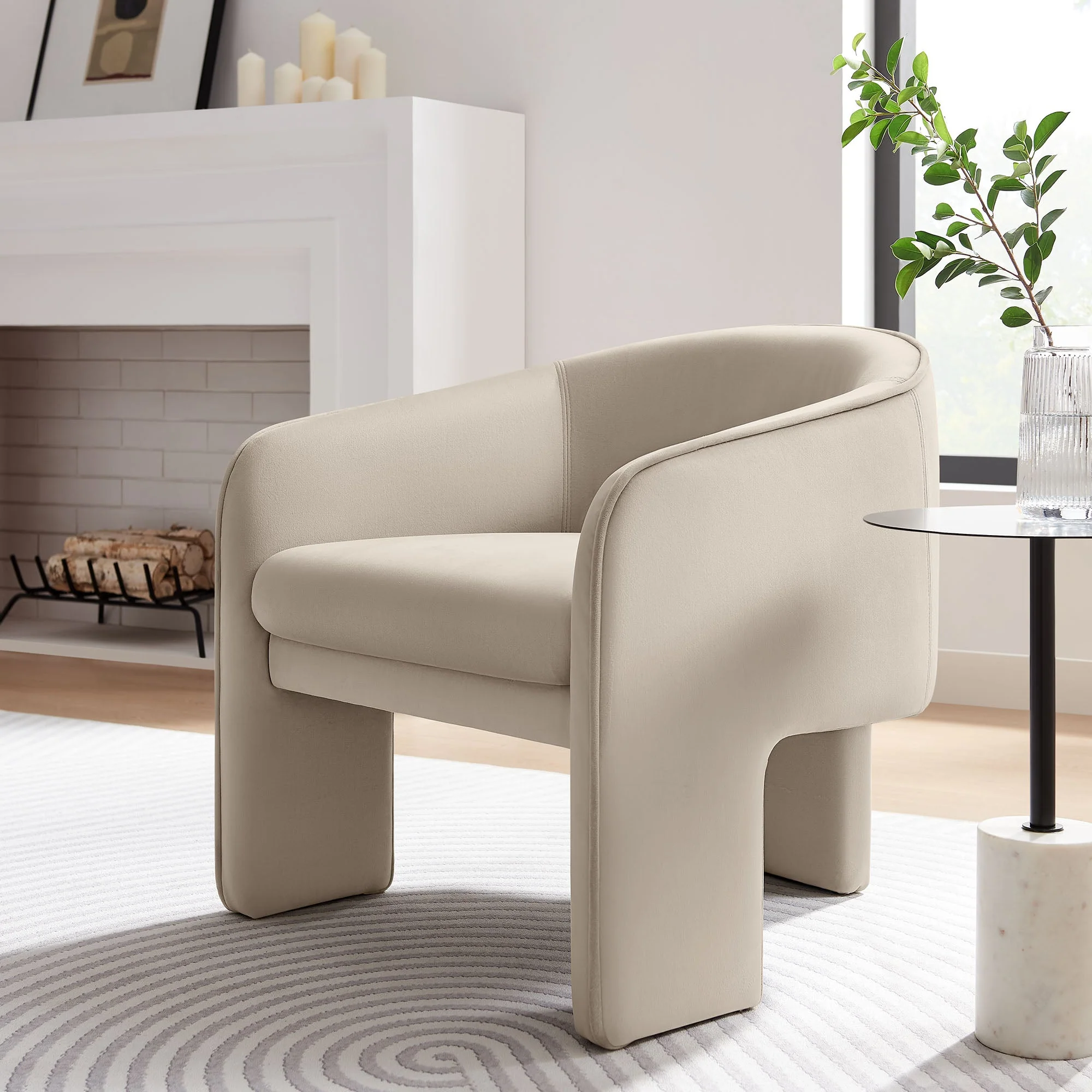 27 Inch Greer Modern Performance Velvet Barrel Accent Chair with 3-Leg Design - Image 28