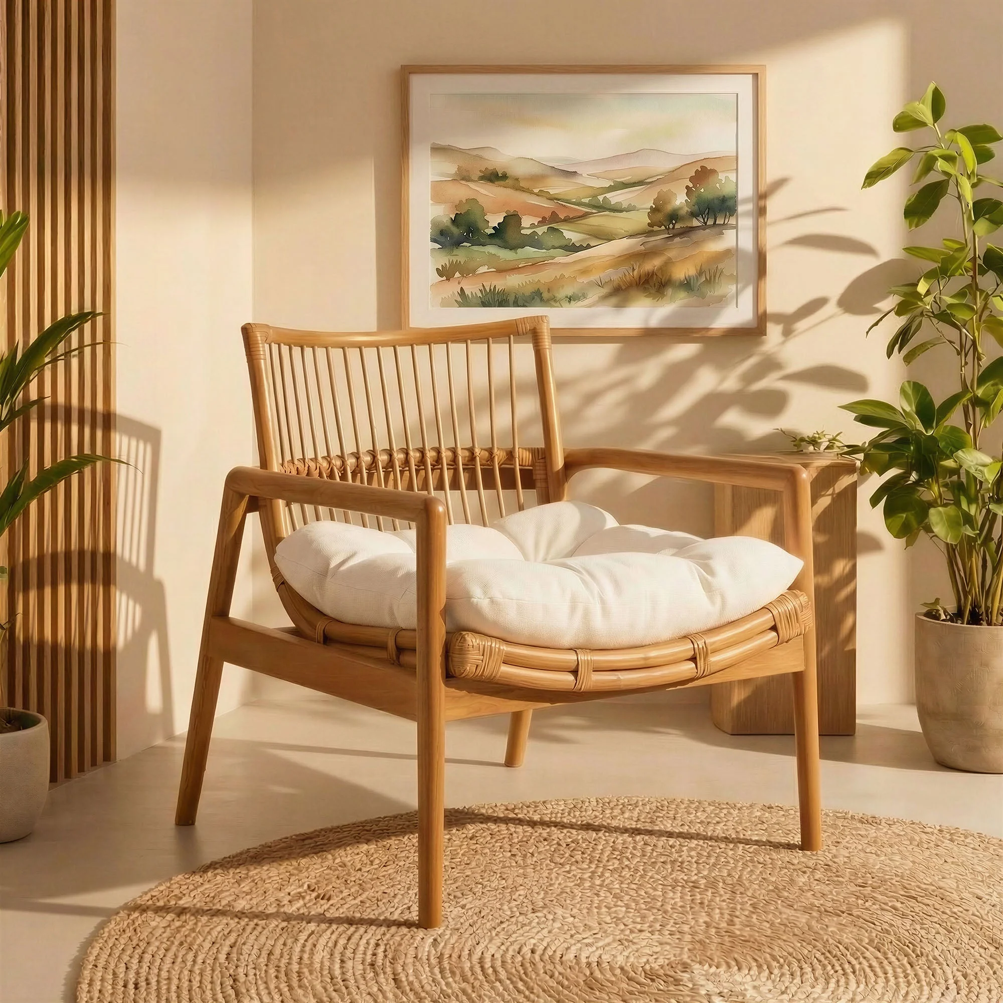 27 Inch Wood and Natural Rattan Lounge Chair with Mahogany Frame - Image 4