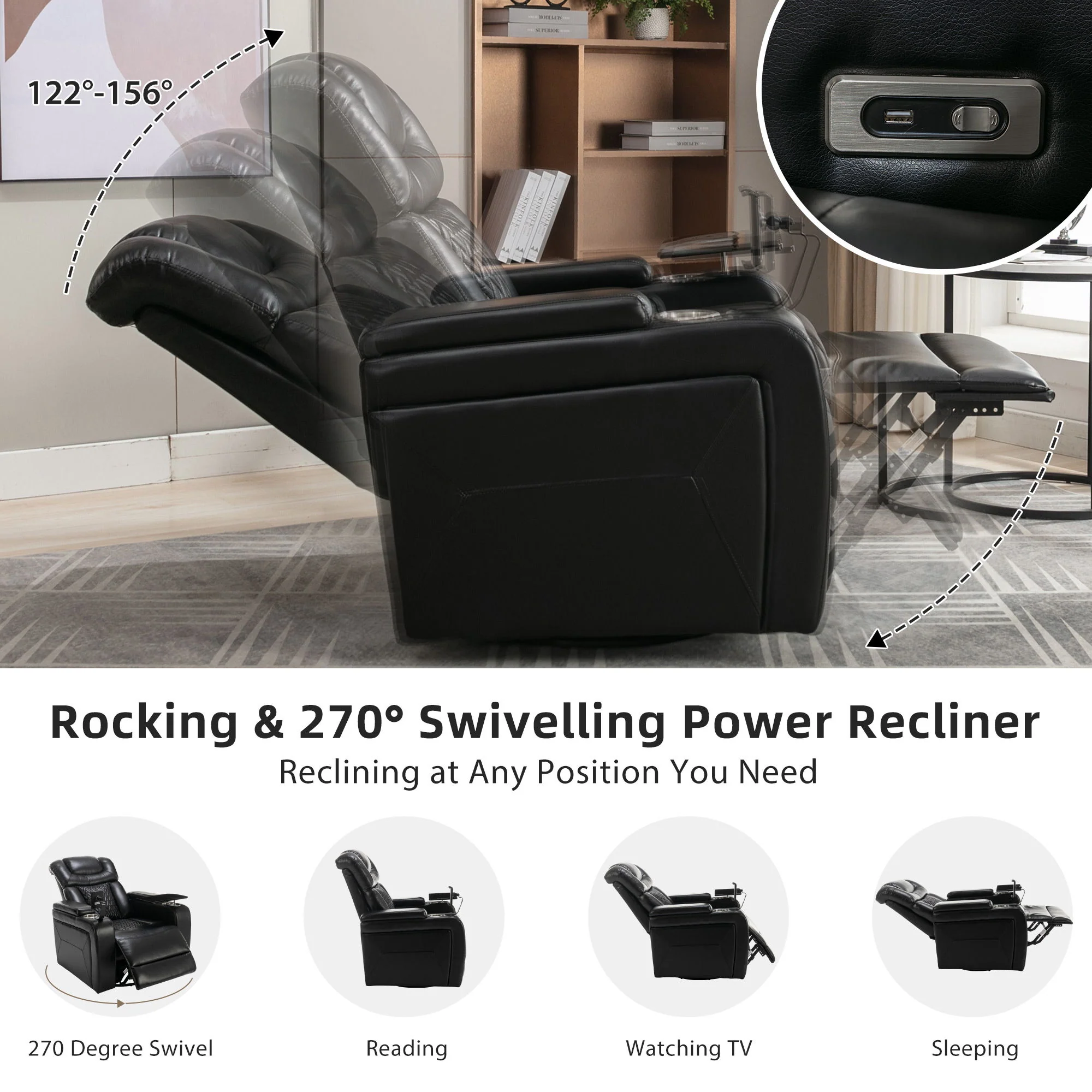 270 Degree Swivel Power Recliner With Tray Table, Phone Holder, Cup Holder, USB Port - Image 7