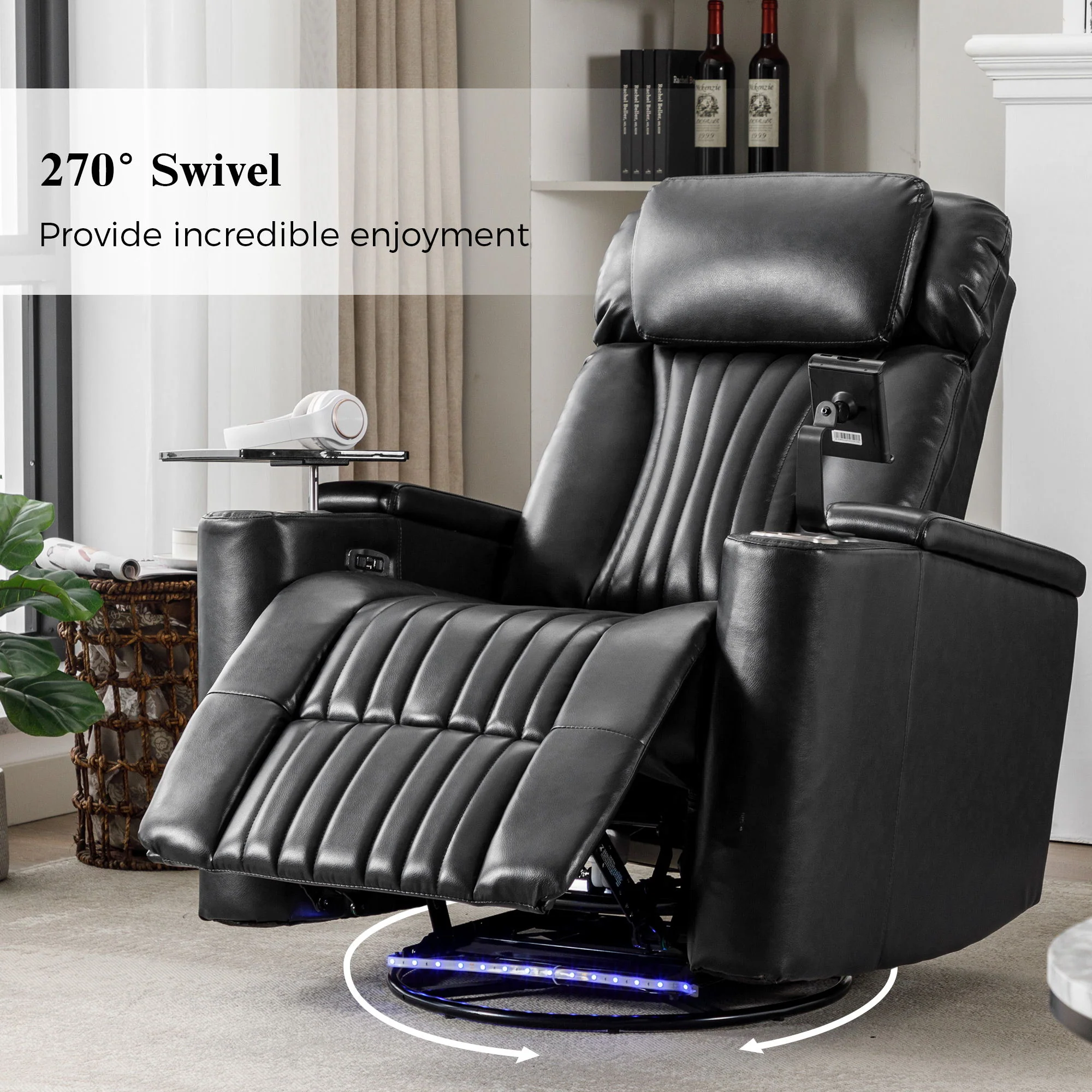 270° Power Swivel Recliner Home Theater Chair With Hidden Arm Storage, LED Light, Cup Holder, And Tray Table - Image 12