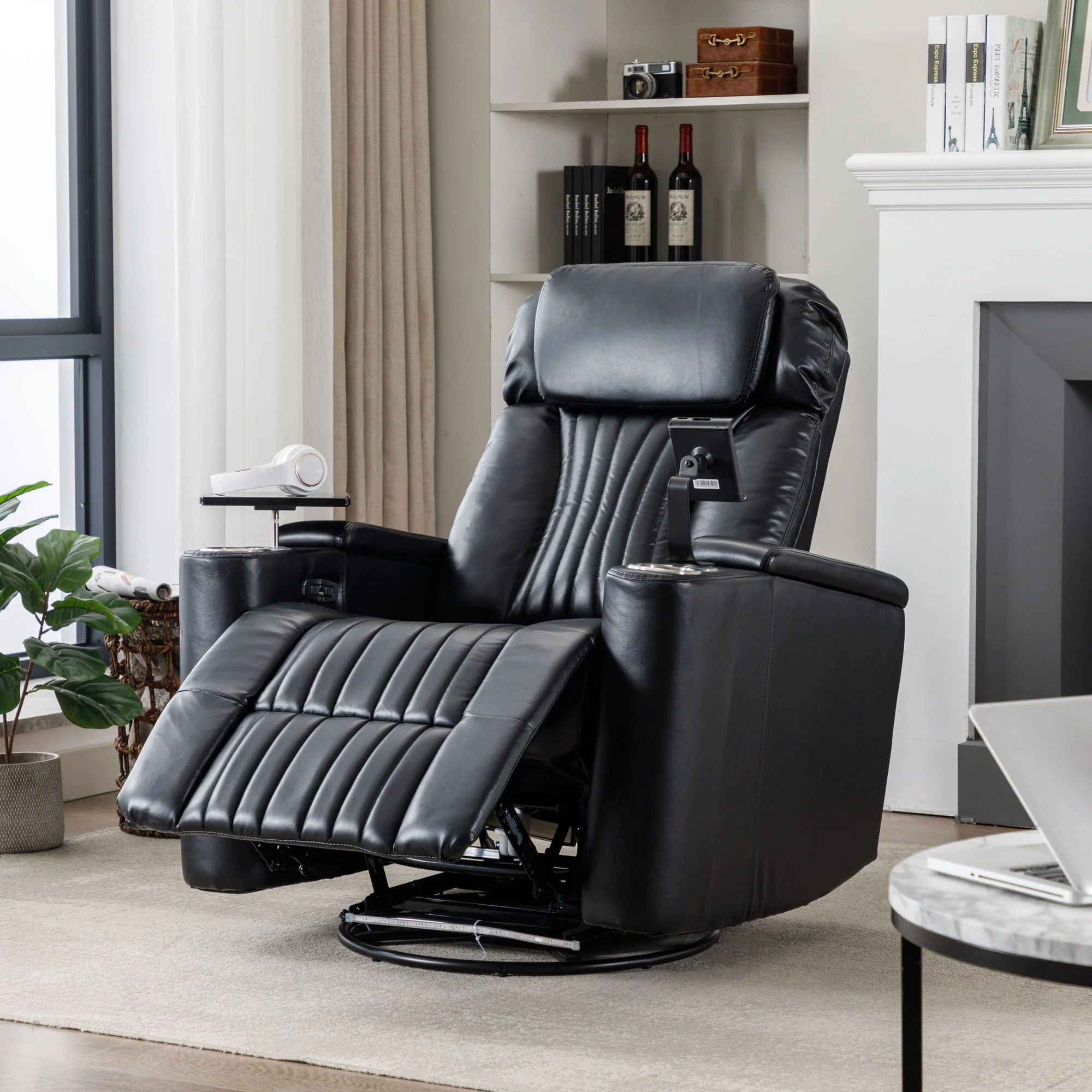 270° Power Swivel Recliner Home Theater Chair With Hidden Arm Storage, LED Light, Cup Holder, And Tray Table - Image 7