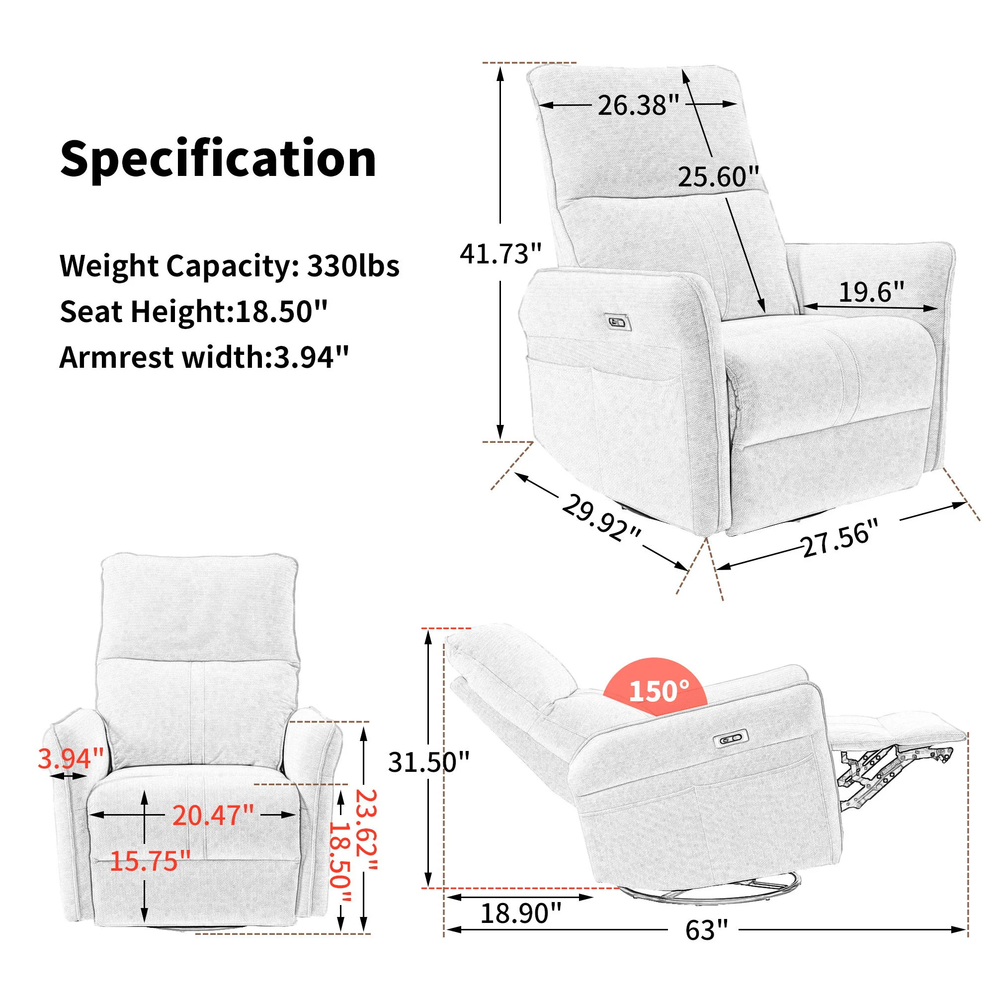 270° Power Swivel Rocker Glider Recliner Chair With USB Ports - Image 17
