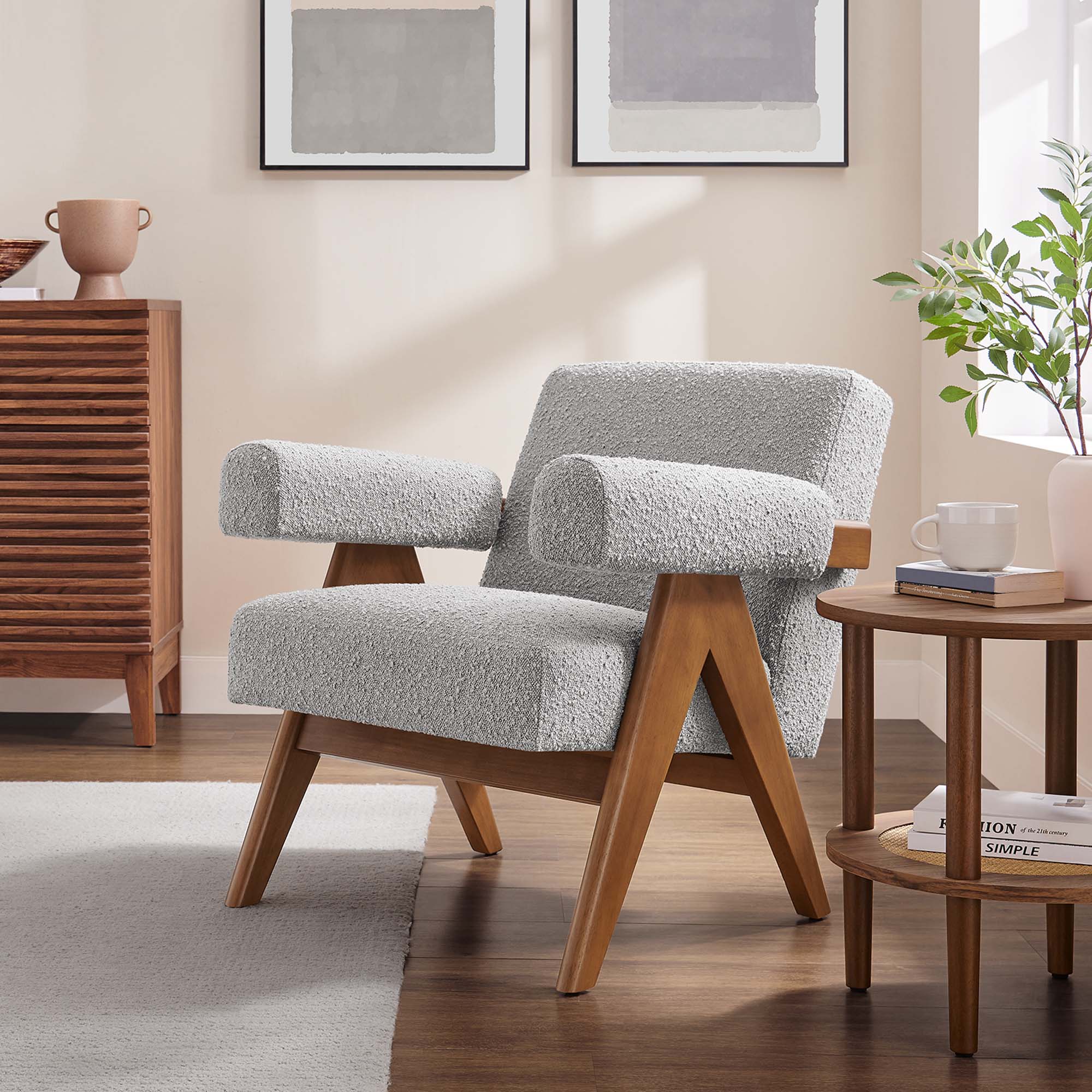 28 Inch Boucle Fabric Armchair with V-Shaped Wood Legs - Image 21