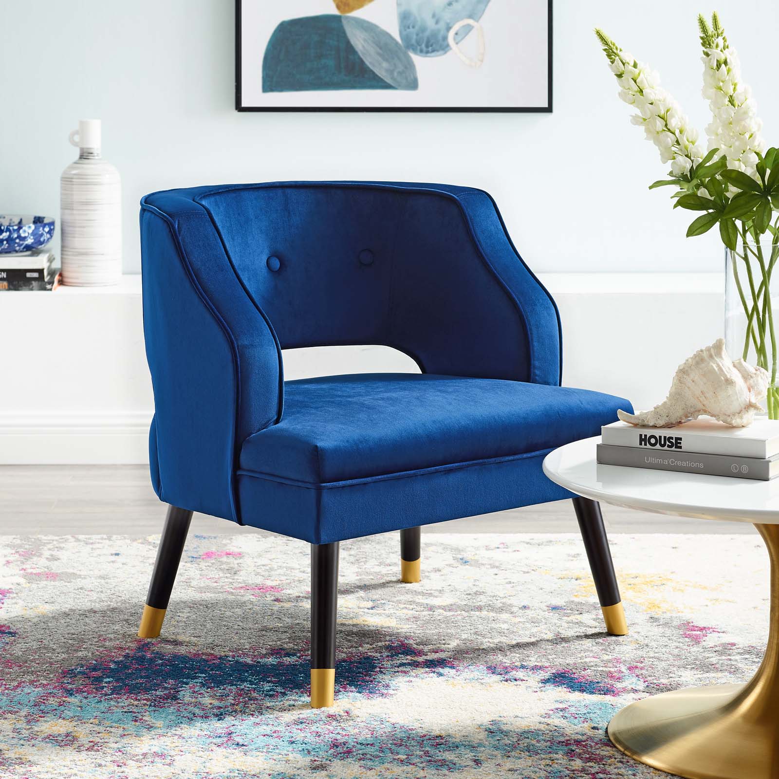 28 Inch Button Tufted Open Back Performance Velvet Armchair in Navy - Image 6
