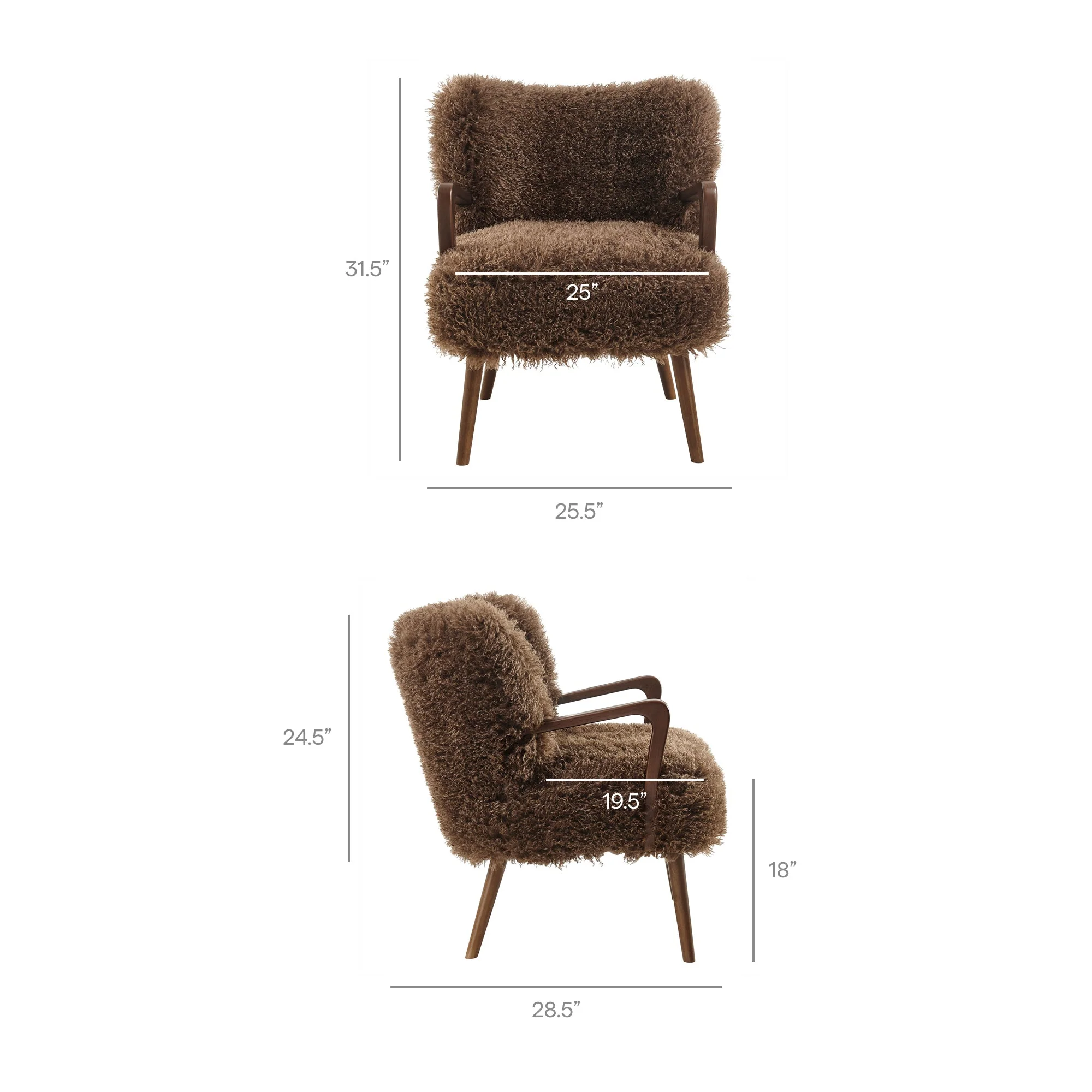 28 Inch Mid-Century Modern Faux High-Pile Shearling Accent Armchair with Wood Frame - Image 10