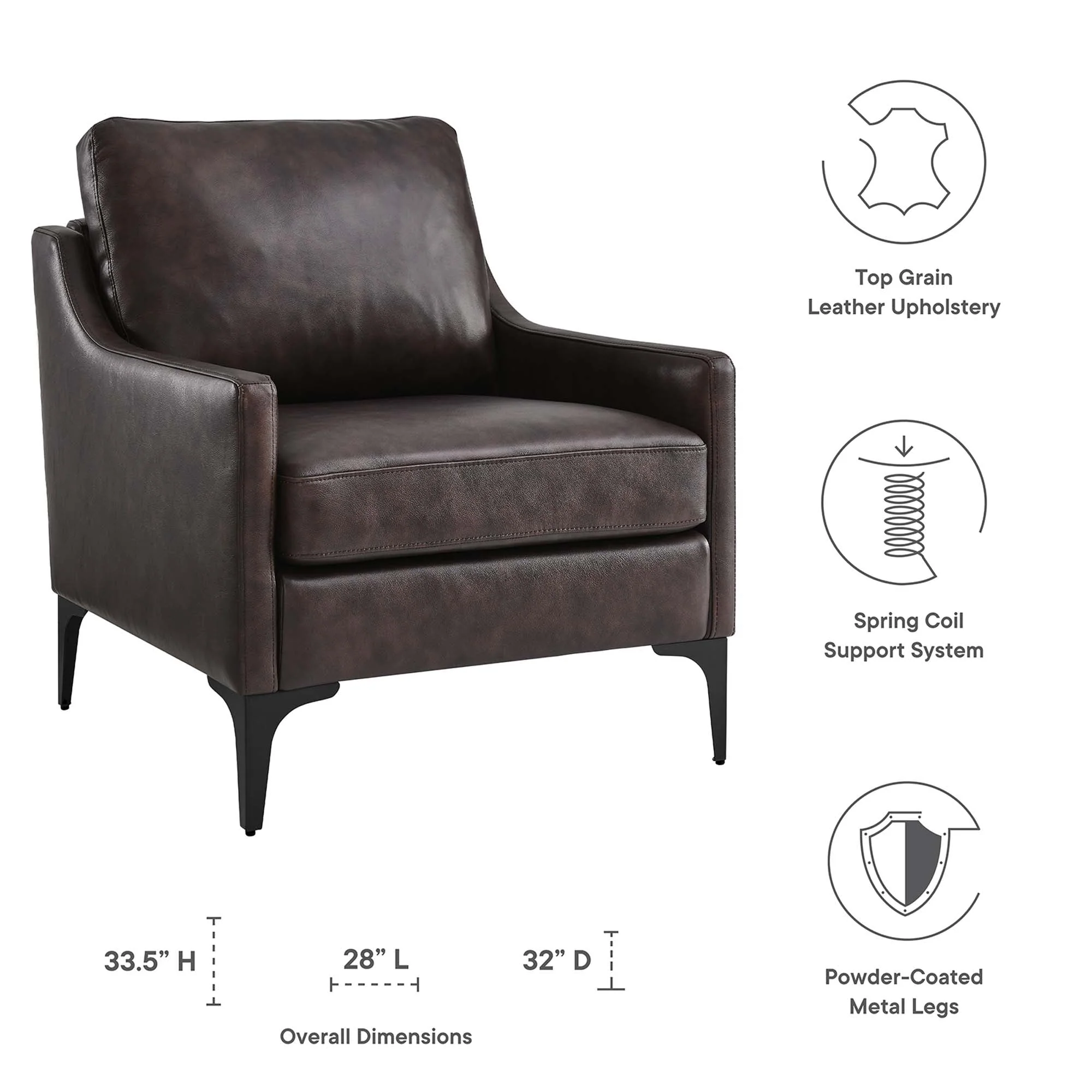 28 Inch Mid-Century Modern Top-Grain Leather Armchair - Image 2