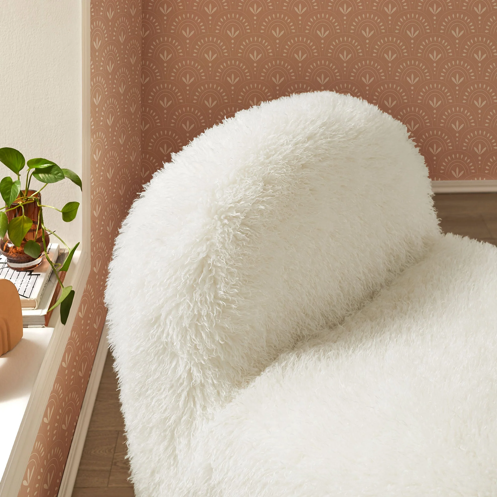 28 Inch Modern Shaggy Faux Fur Armless Accent Chair with Round Silhouette and Sled Base - Image 5