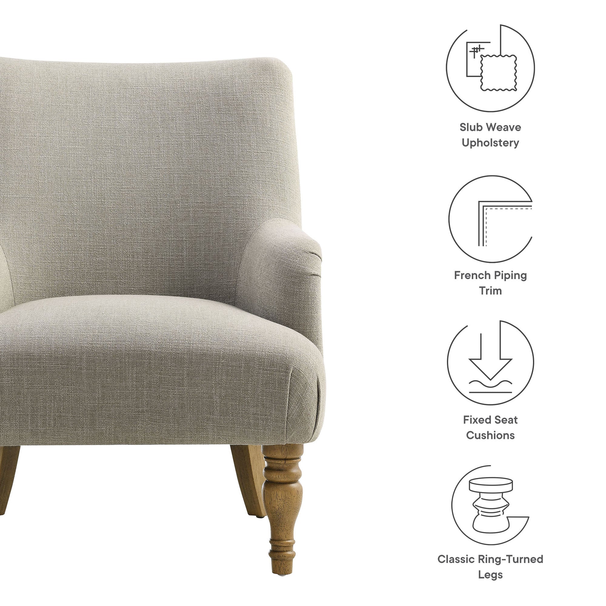 28 Inch Traditional Fabric Accent Armchair with French Piping and Turned Wood Legs - Image 2