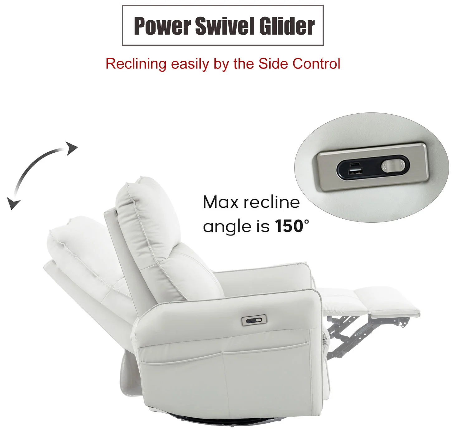 29.92" 270 Power Swivel Rocker Recliner Chair, Electric Glider Reclining Sofa With USB Ports, Power Swivel Glider, Rocking Chair Nursery Recliners For Living Room Bedroom - Image 13