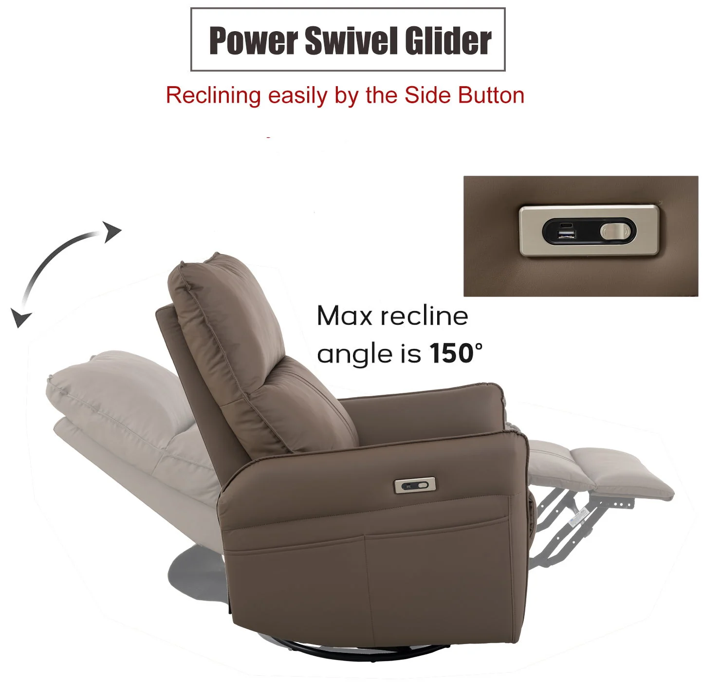 29.92" 270 Power Swivel Rocker Recliner Chair, Electric Glider Reclining Sofa With USB Ports, Power Swivel Glider, Rocking Chair Nursery Recliners For Living Room Bedroom - Image 5