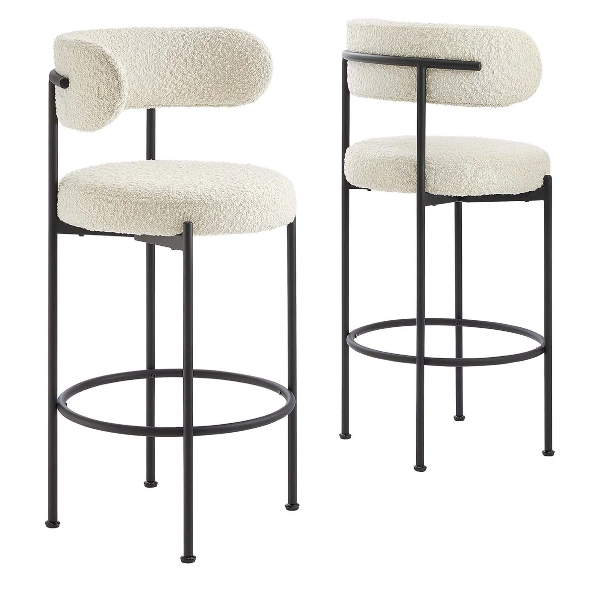 29 Inch Ivory and Black Curved Back Boucle Fabric Bar Stools Set of 2