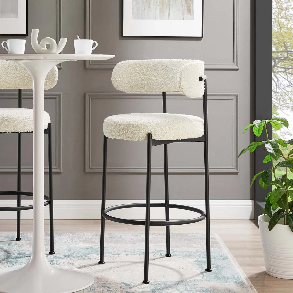 29 Inch Ivory and Black Curved Back Boucle Fabric Bar Stools Set of 2 - Image 7