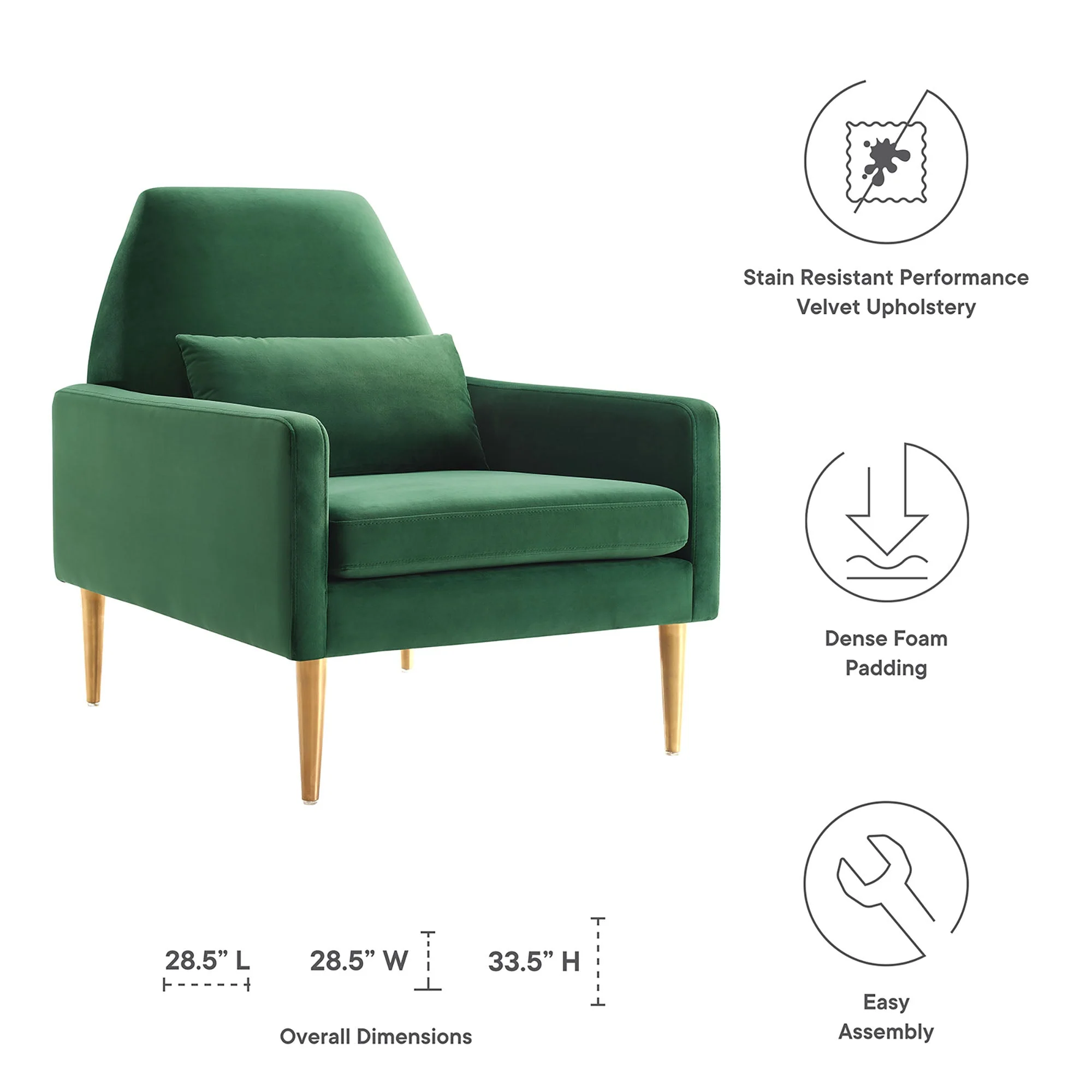 29 Inch Performance Velvet Armchair with Gold Stainless Steel Legs - Image 8