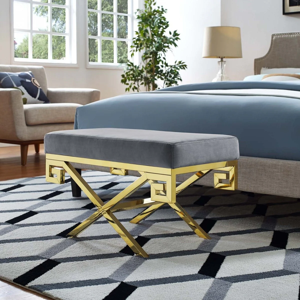 29 Inch Whimsical Greek Key Performance Velvet Bench - Image 2
