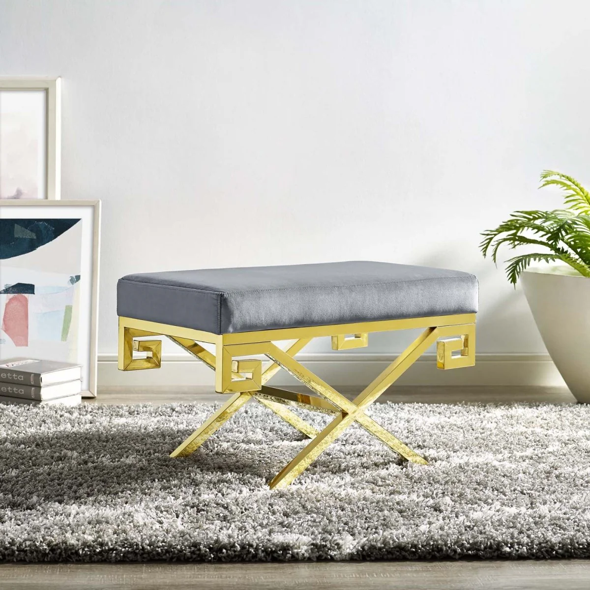 29 Inch Whimsical Greek Key Performance Velvet Bench - Image 6