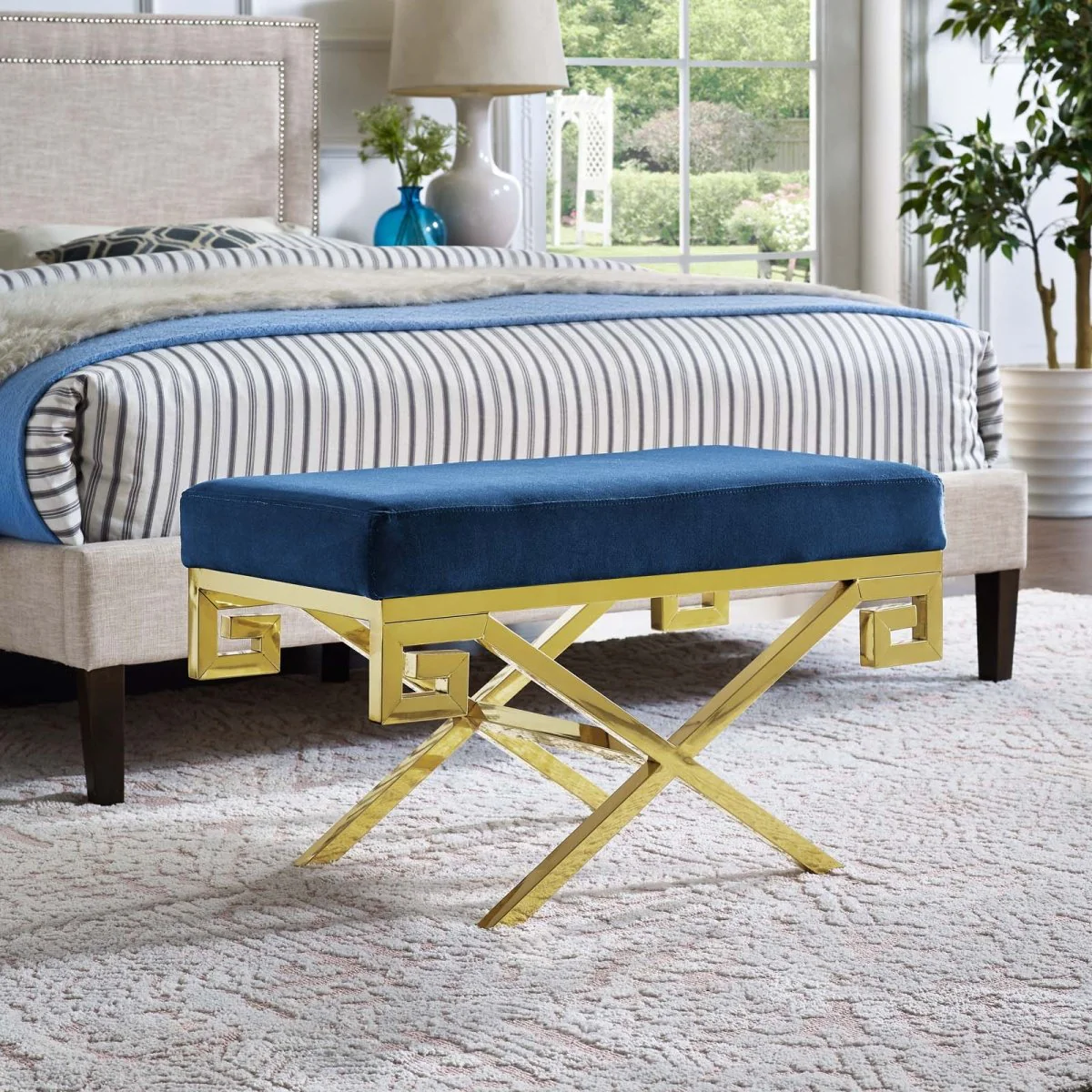 29 Inch Whimsical Greek Key Performance Velvet Bench - Image 8