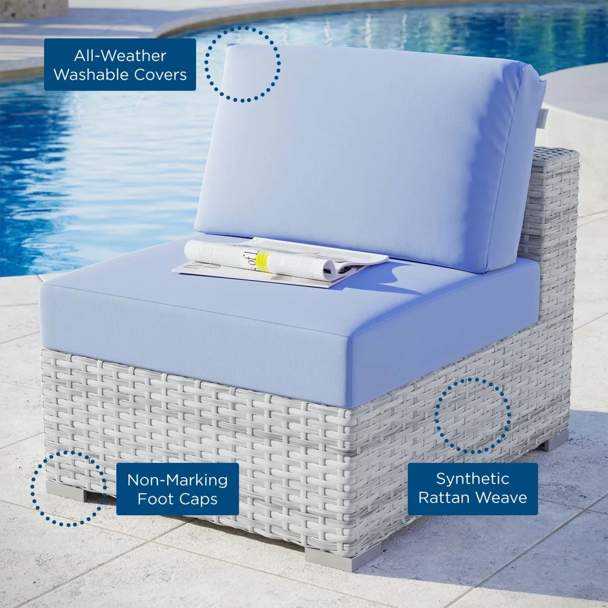 29" Light Gray Wicker Outdoor Armless Chair with Cushion Seat, Weather-Resistant - Image 10