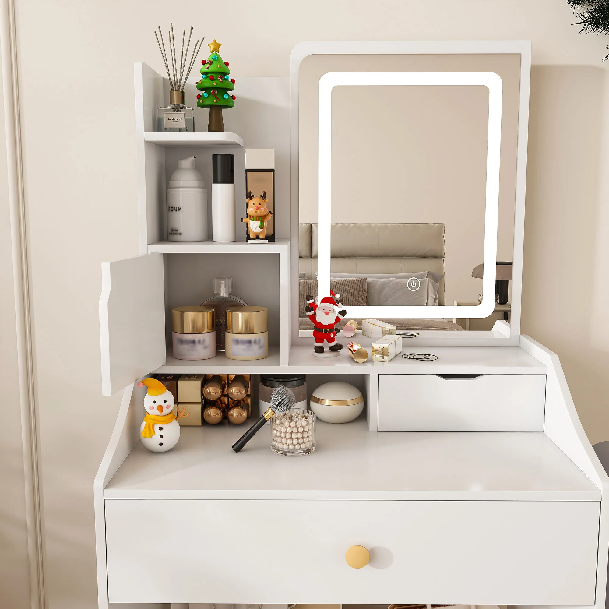 3 Color LED Vanity Mirror With Stool, Dressing Table For Bedroom, 2 Drawers & 5 Storage Cabinets (4 Open + 1 Hidden), Adjustable Lighting - White - Image 9